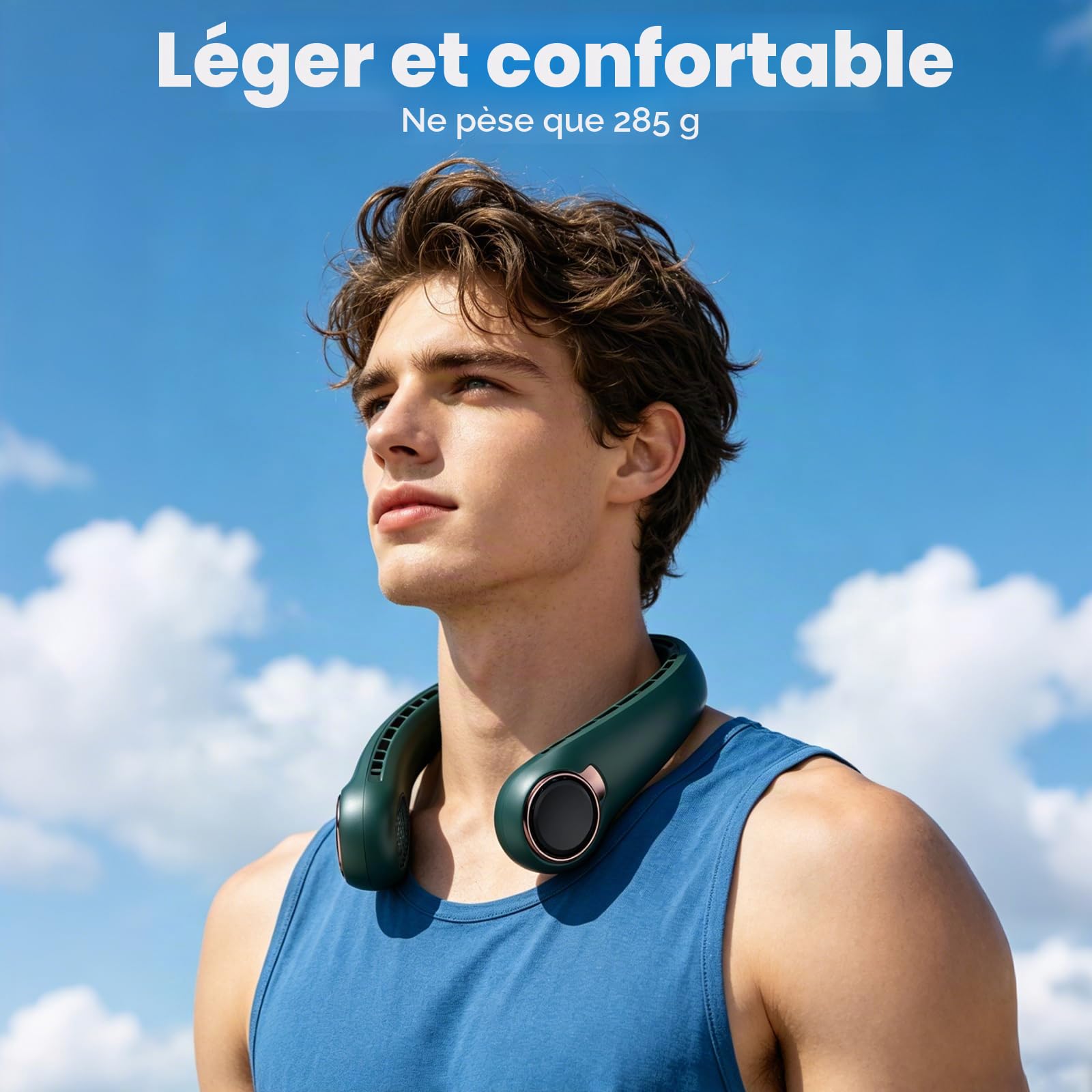 ACELIFE Ventilateur de Cou Portable Silencieux 6000mAh Ultra Léger Sans Pales avec Affichage LED, Refroidissement 360°, Ventilateur USB Rechargeable, 3 Vitesses Noir