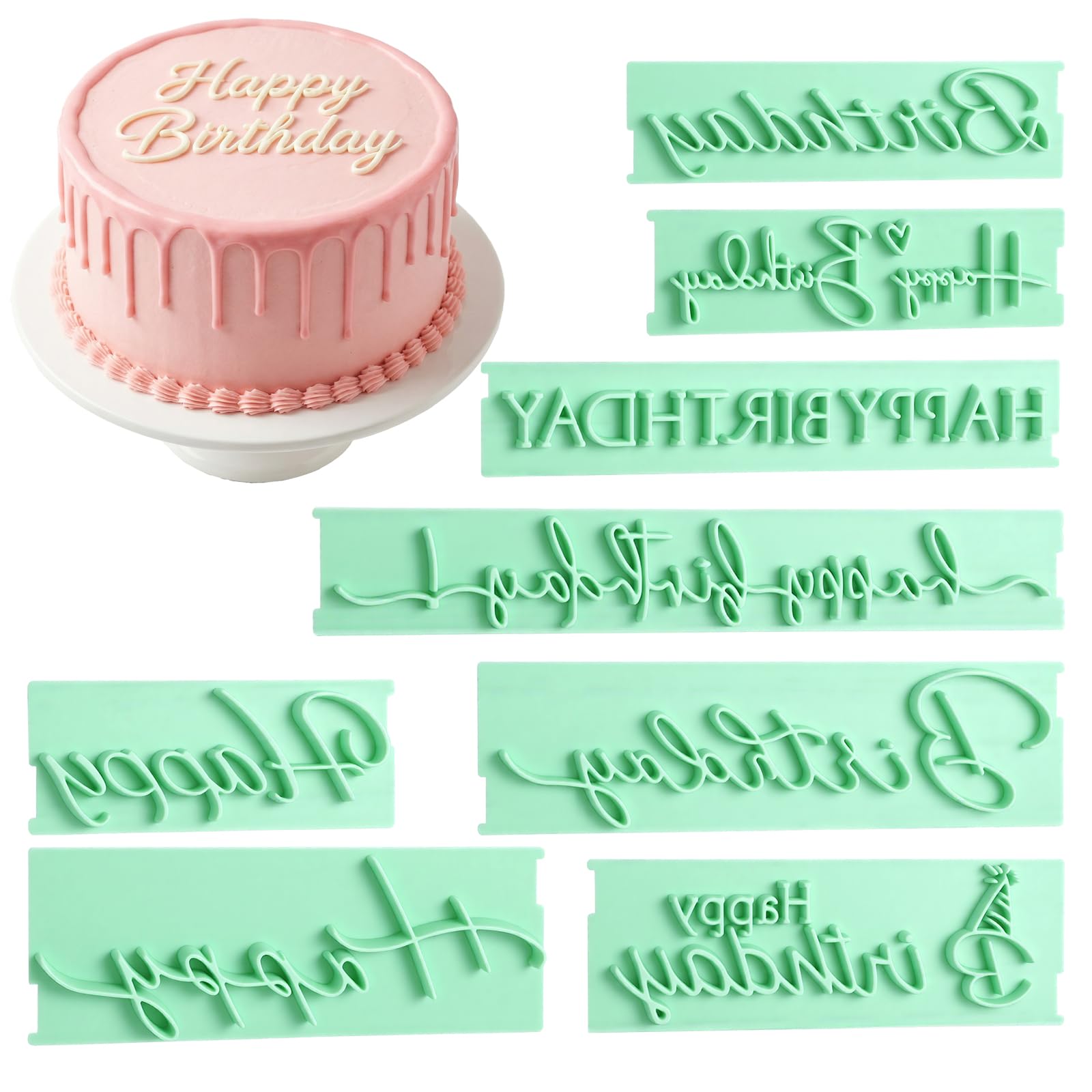 8 Pcs Happy Birthday Fondant Stamp Kit, Cake Decorating Stencil Cookie Stencils Fondant Decorations Tools Letters Embosser for DIY Cake Decorating Printing
