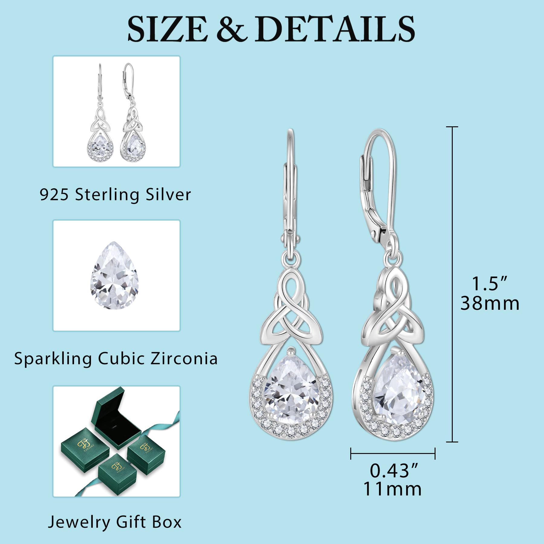 FJ Keltischer Knoten Ohrringe Damen 925 Sterling Silber Unendlichkeit Tropfen Hängend Geburtsstein Ohrringe Irischer Glücksschmuck Geschenke für Frauen