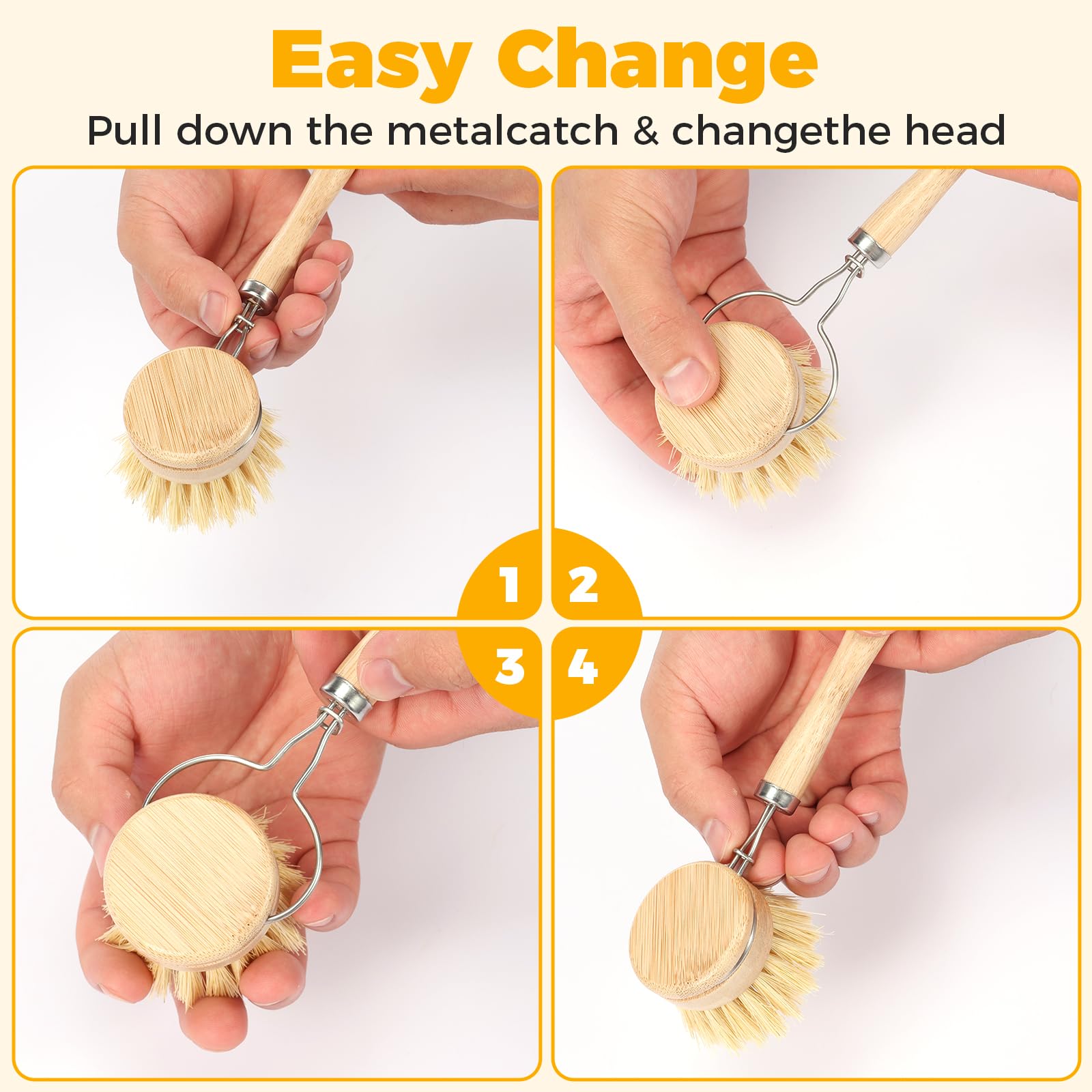 Lot de 5 brosses à vaisselle en bambou, poils en fibre de sisal, ergonomiques et multifonctionnels pour le nettoyage de la cuisine, des casseroles, des poêles, des plats