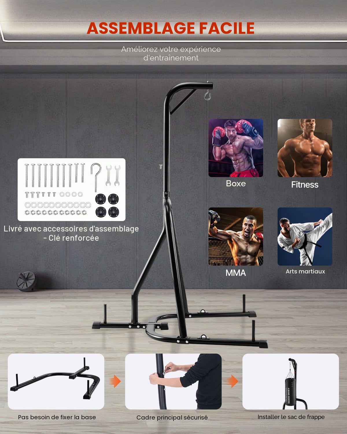 VEVOR Support pour sac de frappe, équipement d'entraînement en acier robuste, hauteur réglable avec base lestée, peut supporter jusqu'à 63,5 kg, support autoportant pour sac de sable pour la maison
