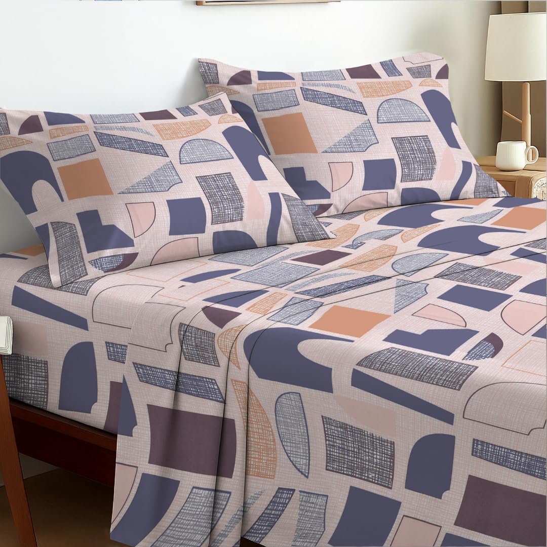 EverSoft Bedding Double 4-Piece Bedding Set Luxury Soft Touch Floral Print Flower Design Sheets 35cm Extra Deep Fit Includes Flat Sheet & 2 Pillowcases Breathable Comfort Soft Geometry