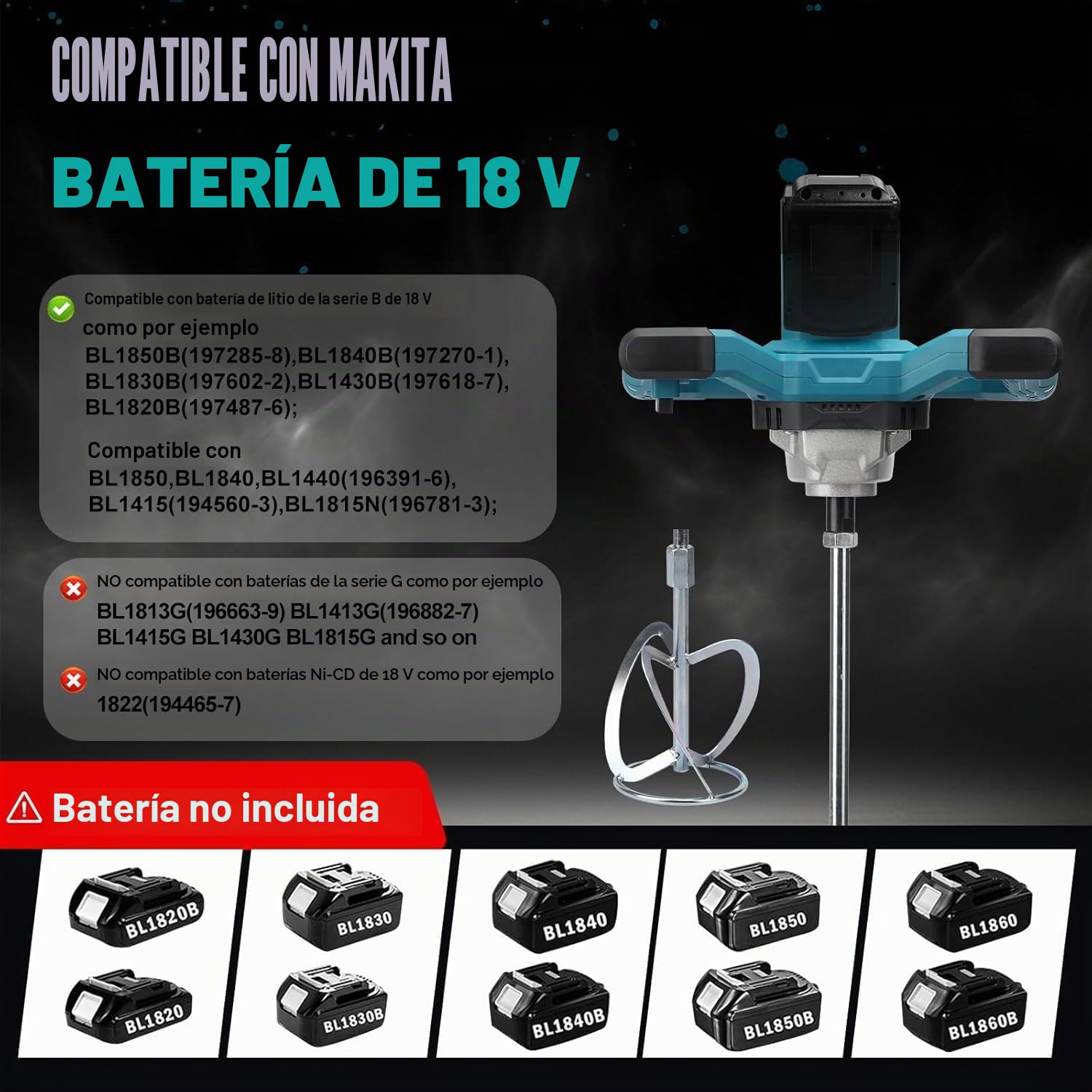 Mezclador de Cemento compatible con Makita batería 18V, 3200W mezclador de mortero de pintura, 6 Velocidades de Ajuste Hormigonera, para cemento, polvo de masilla, pintura (sin batería)