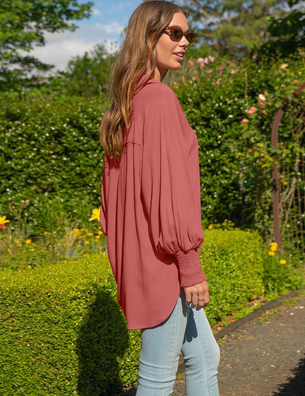 TARSE Women Linen Shirt Smocked Cuffed Casual Collar Long Sleeve Oversized Button Down Blouse Tops Boyfriend Shirt - Image 4