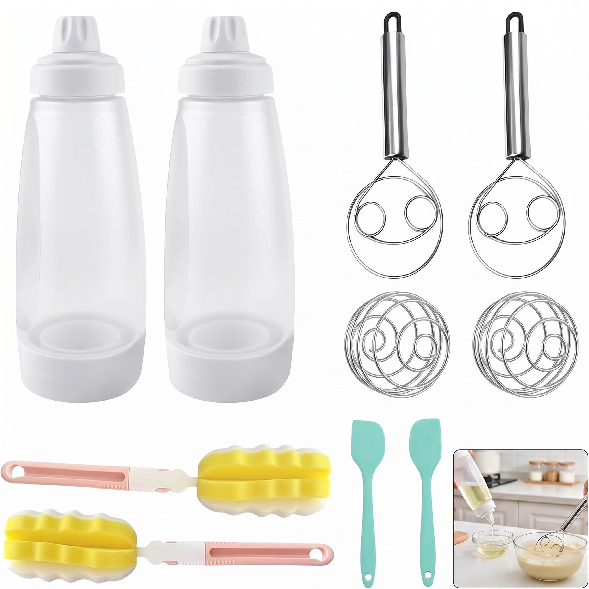 Pancake Batter Dispenser, 2Pcs Hand Batter Dispenser 1000ML Batter Mixer Bottle with Cleaning Brush Hand Whisk Silicone Spatula for Cupcake Pancake Crepe Batter