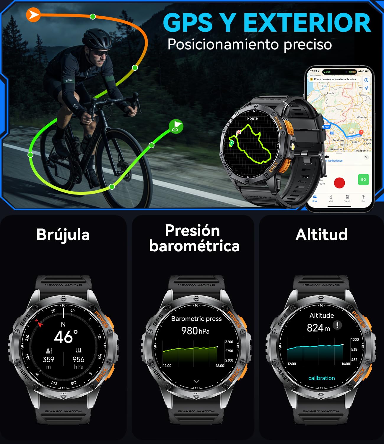 LIGE Reloj Inteligente Hombre GPS, Smartwatch AMOLED 1,43", Brújula, Altímetro, Barómetro, Linterna, Batería 20 Días, 5ATM, Llamadas Bluetooth, Monitor Salud, Compatible Android iOS, DM1-I