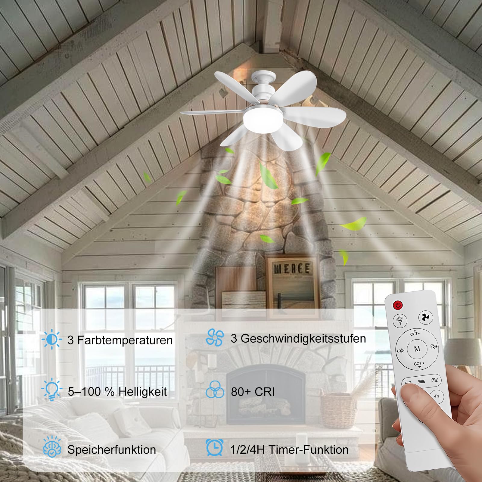 52CM Ventilateur de plafond avec éclairage et télécommande, 40 W 3000 K-6500 K Plafonnier avec ventilateur 3 vitesses Silencieux, intensité réglable, minuterie pour chambre à coucher et salle à mang