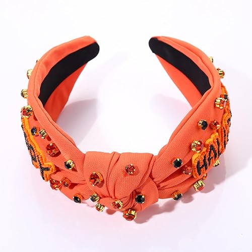 Vista 30 de Diademas de Halloween para mujer, diadema anudada con cuentas de truco o trato, diadema con nudo superior con diamantes de imitación, accesorio