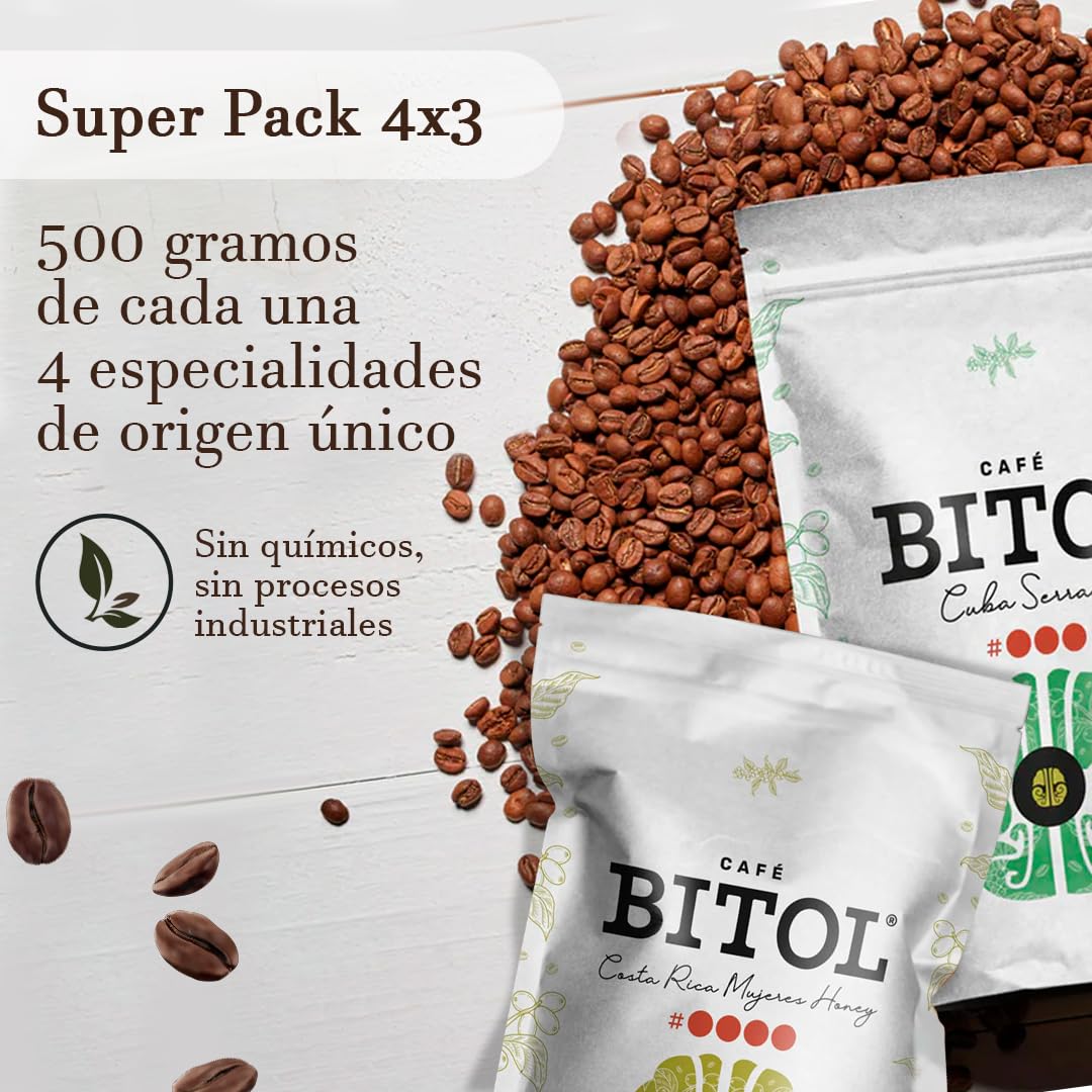 Café Bitol Super Pack | 2 kg de Café | Especialidad de Origen Único | 4 Variedades Premium: Colombia Huila Supremo, Costa Rica Mujeres Honey, Cuba Serrano y Guatemala Antigua | Alta Cata