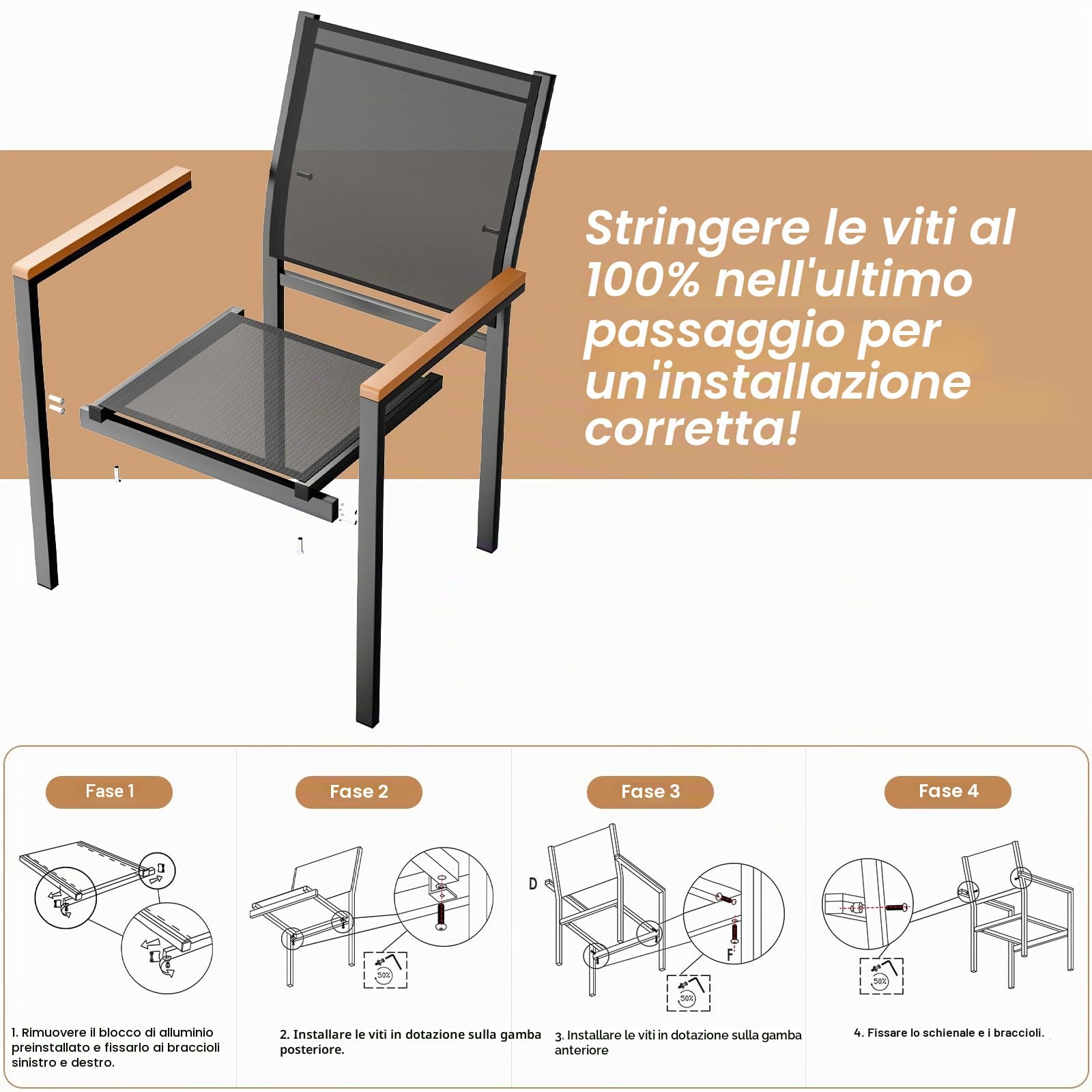 LIFERUN Sedie Da Giardino set da 4, Sedia impilabile per sala da pranzo in alluminio, Corrimano in WPC, Sedie Da Esterno Per Esterni, per terrazza, balcone, terrazza, piscina, ristorante, Nero