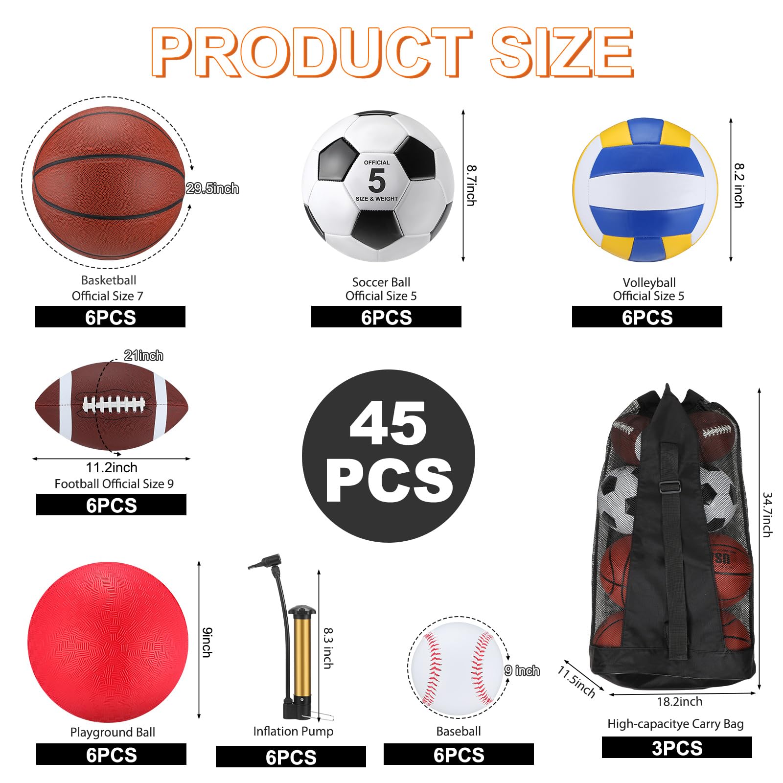 Liliful 36 Pcs Bulk Assorted Sport Balls Set Football Soccer Playground Ball Basketball Volleyball Baseball with Equipment Bag Pump for Kid Youth Adult Back to School Gifts(Brown Red)