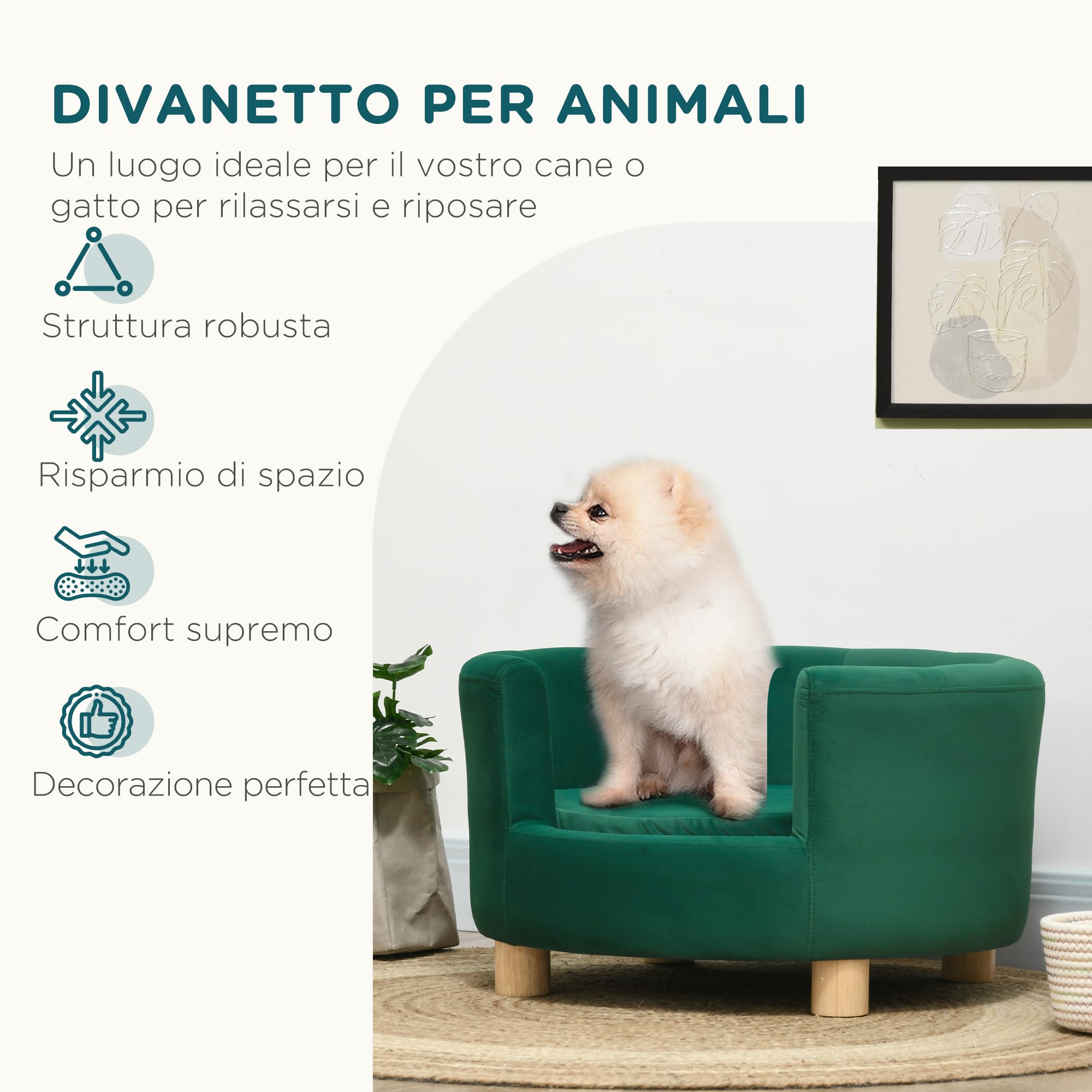 PawHut Divano per Cani Imbottito con Schienale e Cuscino Rimovibile, Cuccia per Gatto da Interno, 65x64x37cm, Verde