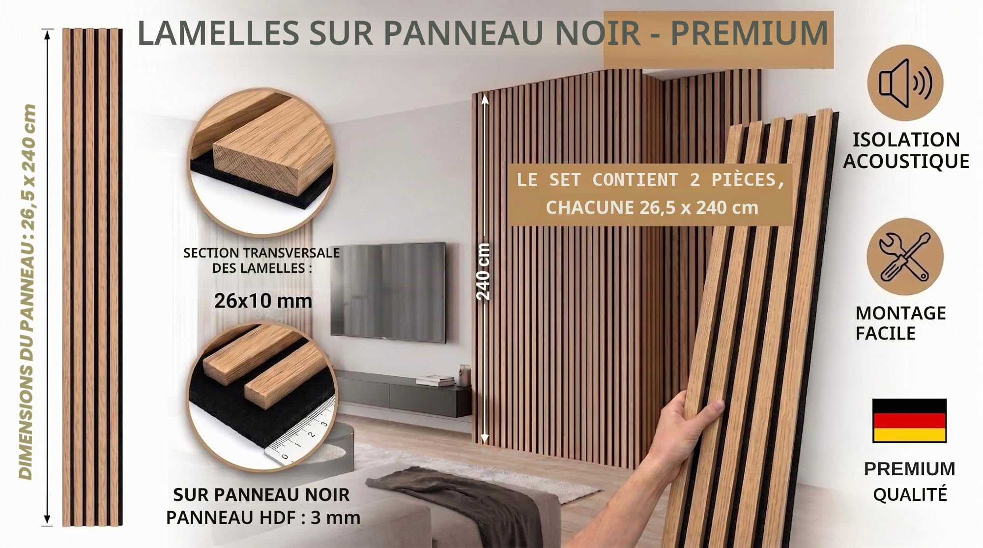MEBANO Panneaux Acoustiques MDF 2x (26,5x240 cm) Gris Sable sur Plaque Noire – Lamelles Bois Murales Décoratives