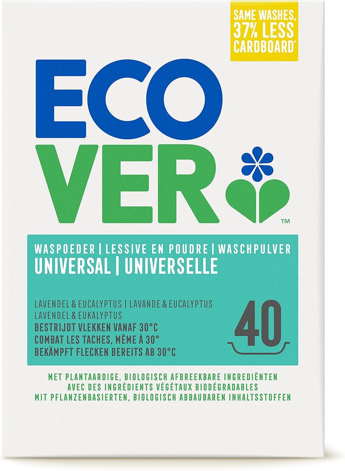 Ecover Detergente universal concentrado de lavanda (3 kg/40 lavados), detergente completo con ingredientes a base de plantas, detergente en polvo para ropa blanca natural profunda