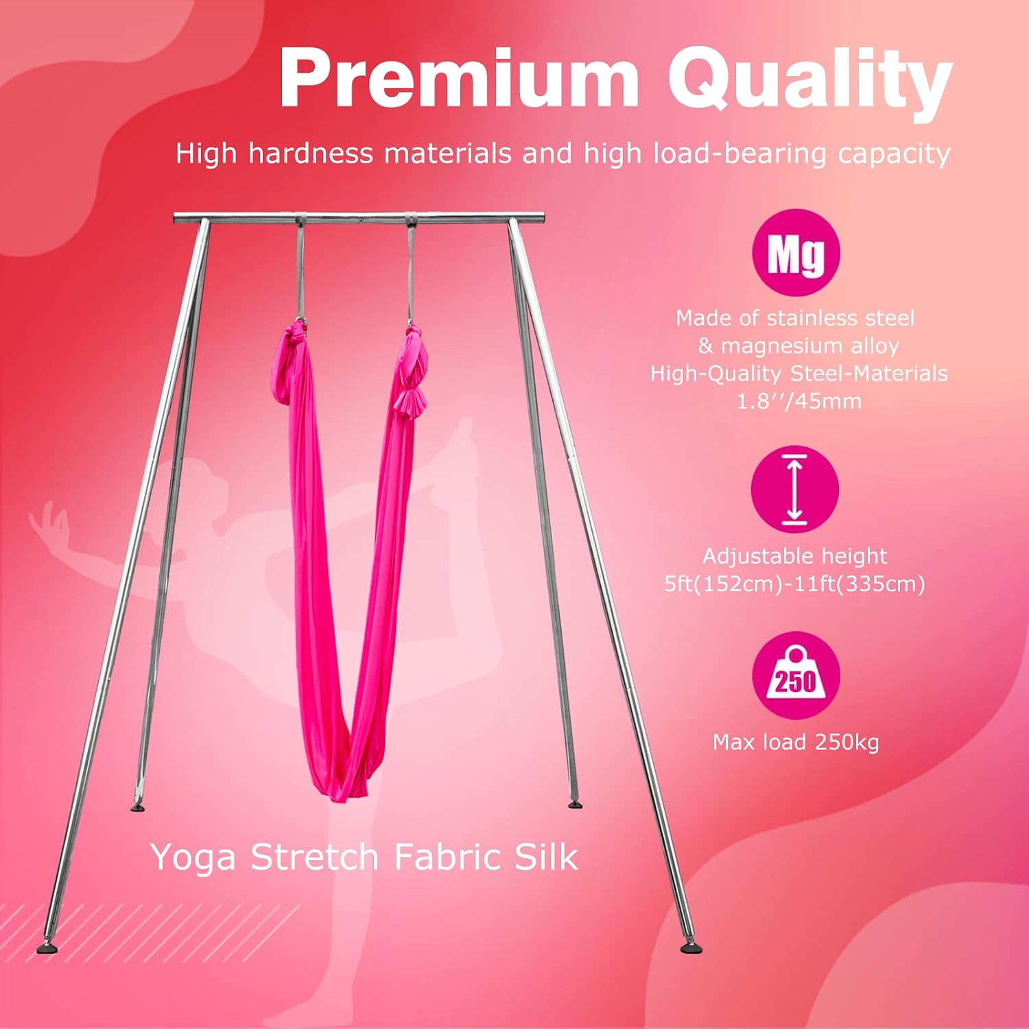 Adjustable Height Aerial Yoga Frame with Yoga Hammock, 18 FT/33 FT Aerial Silk, 550 lbs Max Capacity