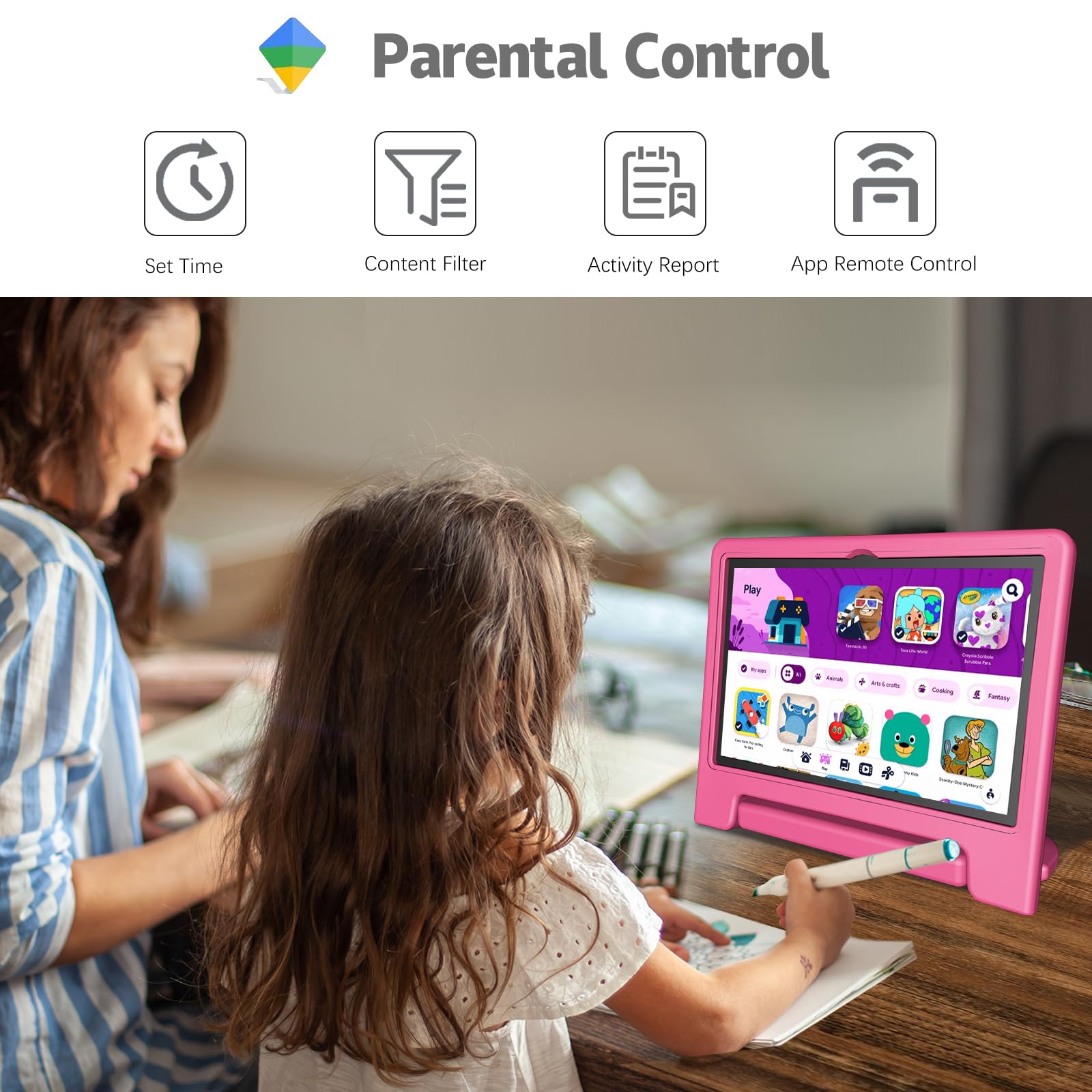 VNEIMQN Tablet per Bambini Android 14, con WiFi e Bluetooth, Doppia Fotocamera 10.1 Pollici HD, Octa-Core, 8GB RAM, 64GB ROM (1TB TF), Controllo Parentesco, Batteria 6000mAh (Rosa)