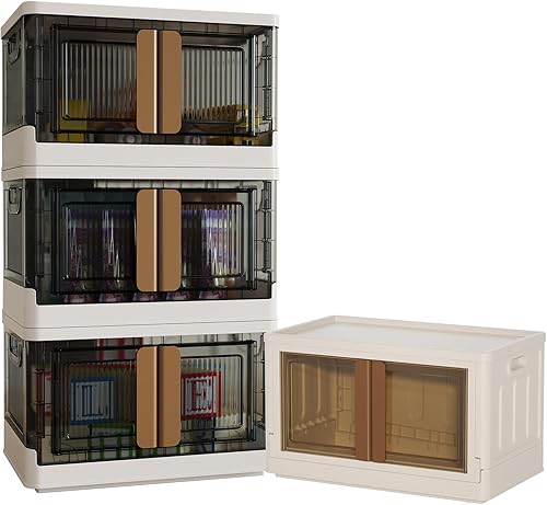 Karramlili Contenedores de almacenamiento apilables, paquete de 4 contenedores de almacenamiento de plástico de 8.5 galones con tapas