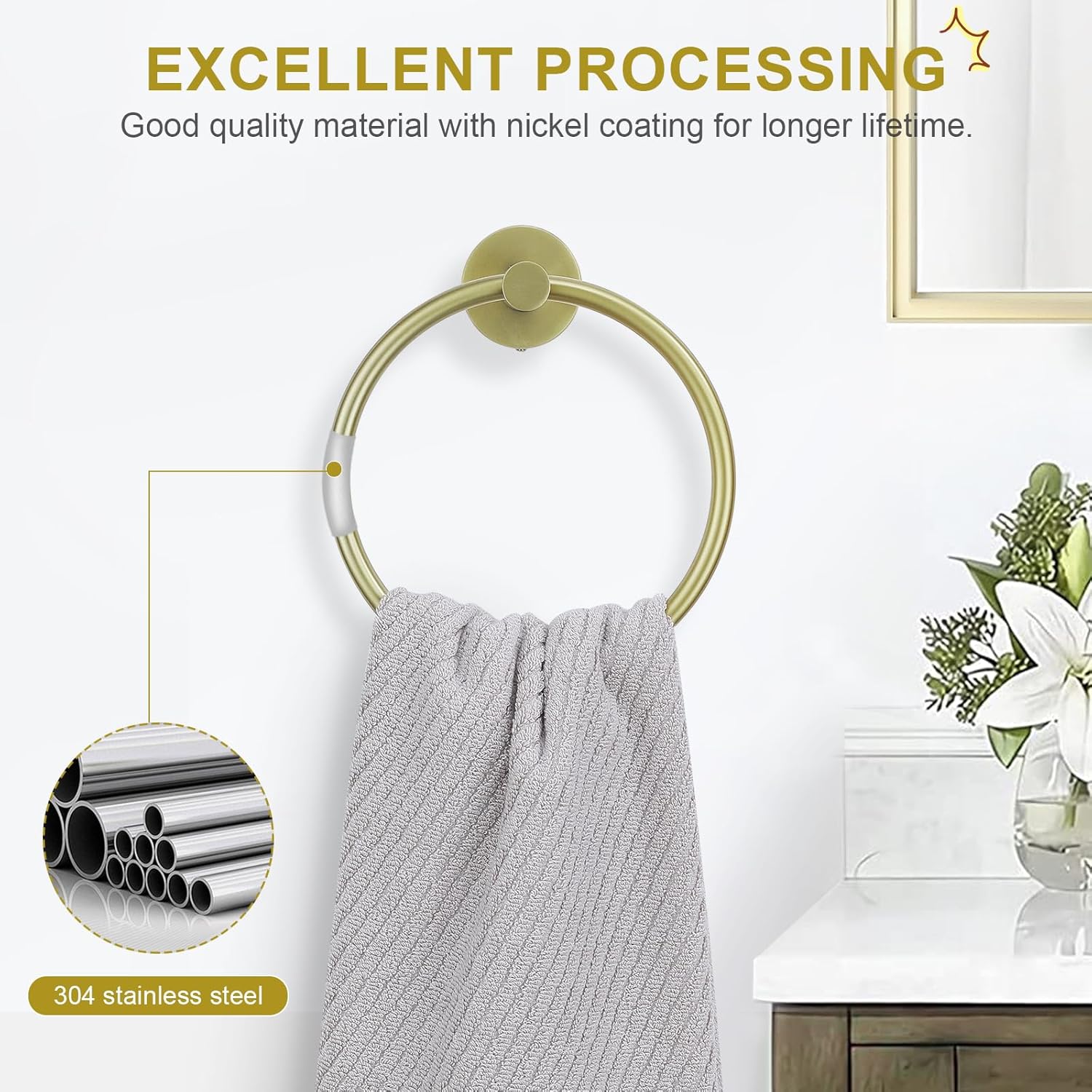 Brushed Gold Stainless Steel Wall Mounted Towel Ring Set