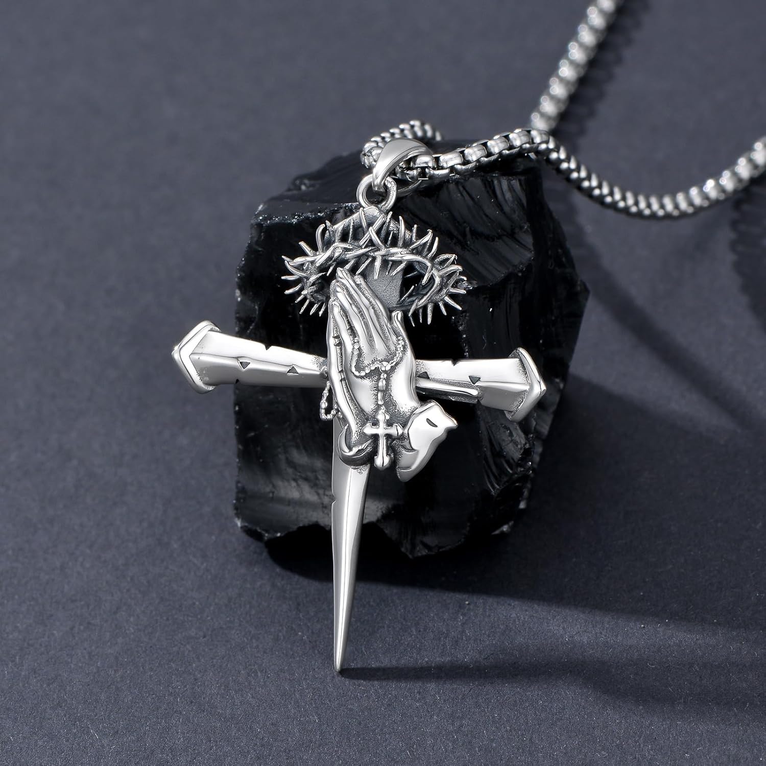PROESS Praying Hands Cross Necklace 925 Sterling Silver Crown of Thorns Necklace Serenity Prayer Cross Pendant Cremation Jewelry Religious Gifts for Men Christian