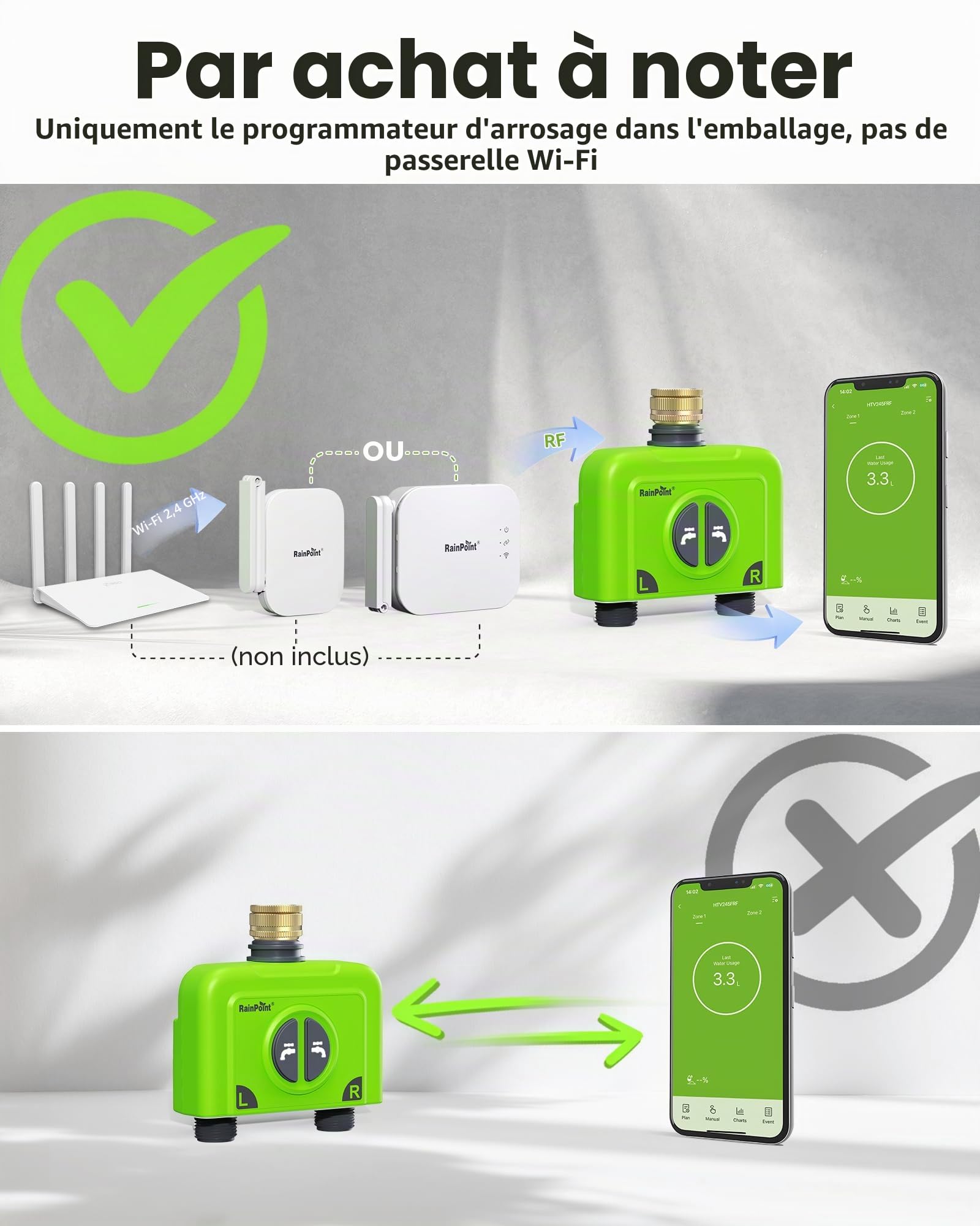 RAINPOINT Programmateur Arrosage WiFi 2 Voies IP65 Minuteur Arrosage Automatique Entrée en Laiton