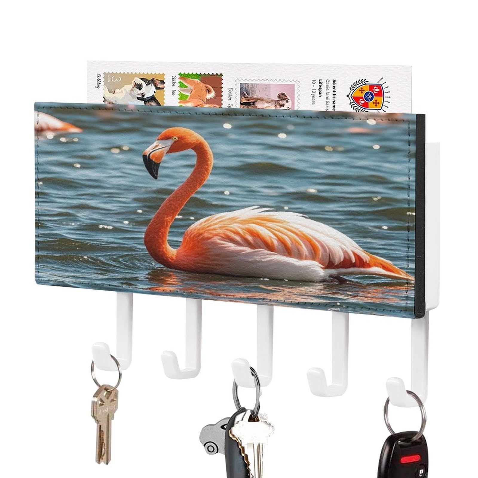 FekiLoot Flamingo Key Holder Wall Mount Key Hanger with 5 Hooks Decorative Key Rack Hanging Key Hooks with Mail Organizer Key Holder for Wall Living Room Kitchen Bathroom Hallway White