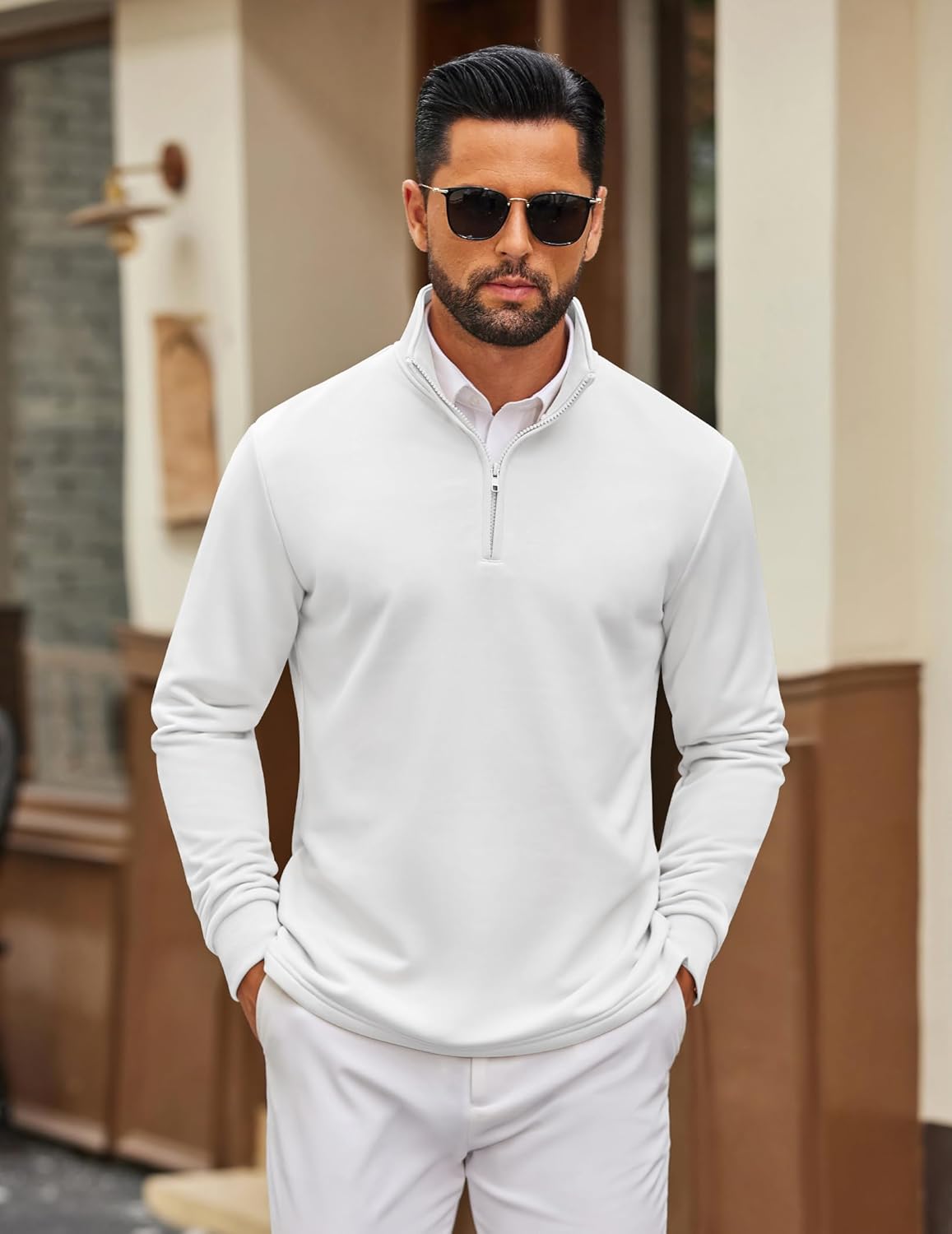 COOFANDY Men's Quarter Zip Pullover Sweatshirt Mock Neck Quilted Sweatshirt Lightweight Casual Long Sleeve Polo Shirt