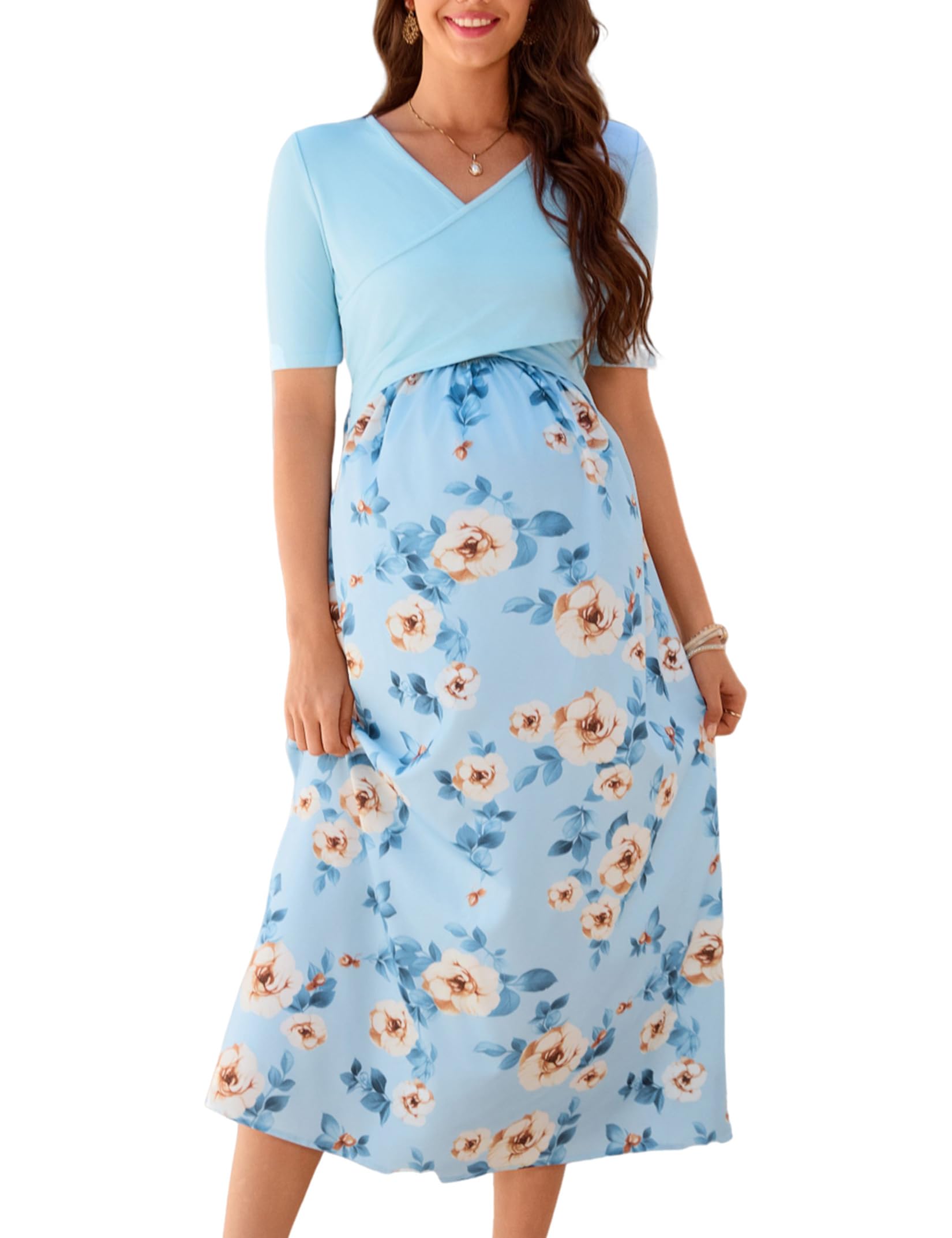 YesFashion Robe de maternité longue pour femme enceinte - Col en V - Manches mi-longues