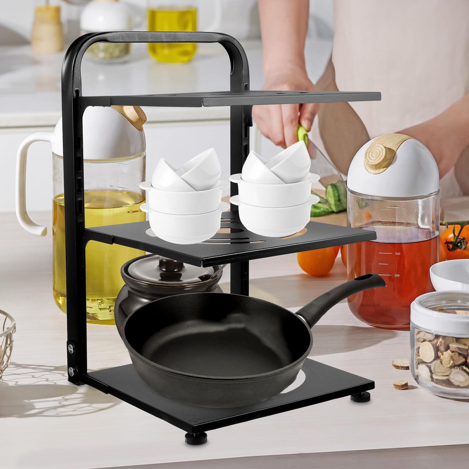 Organizador de Óxido Ollas en de 3 Acero Niveles y Sartenes de Negro al Carbono Resistente Prueba Adecuado para Cocina y Armarios