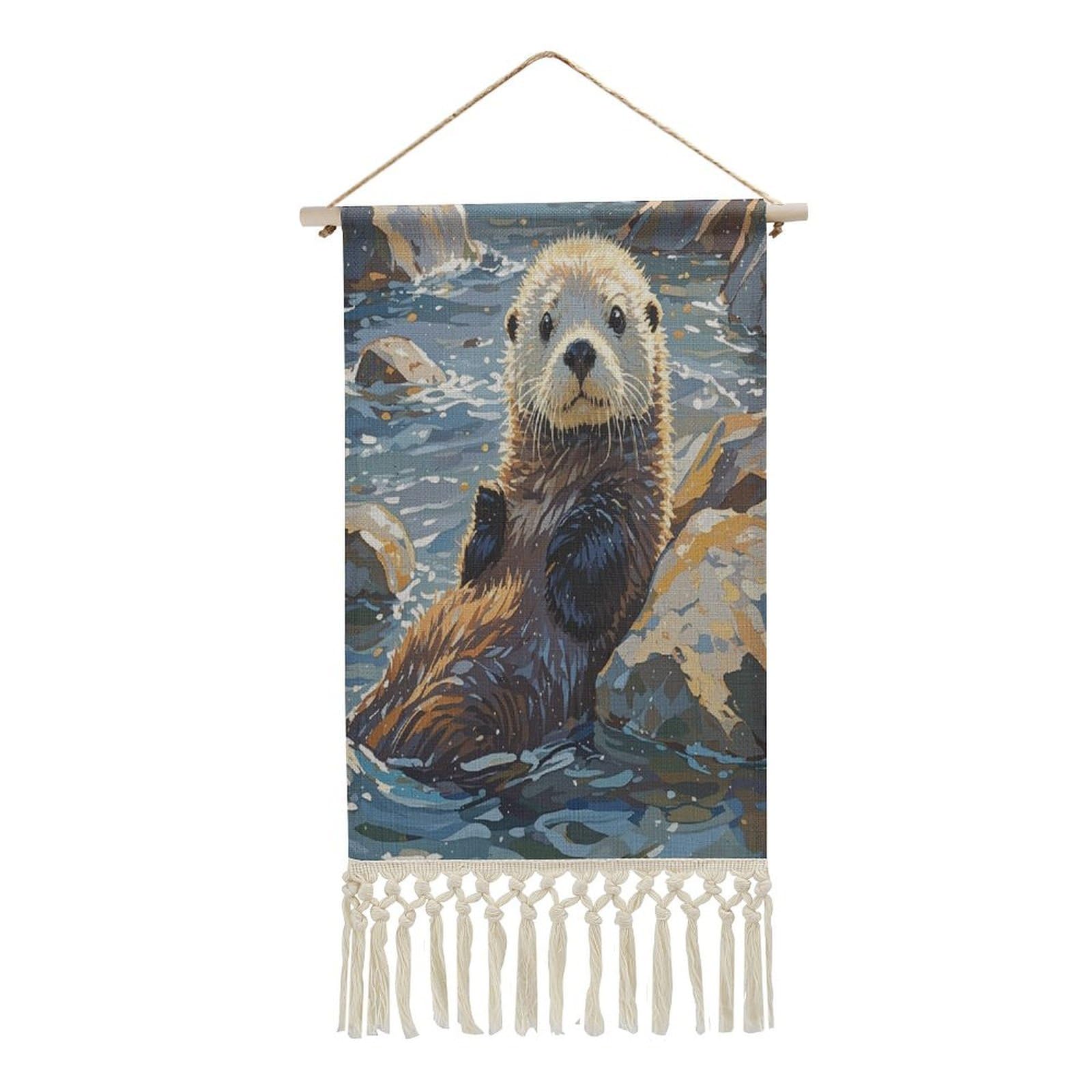 FekiLoot Sea Otters Painting Wall Art Print Decor Art Tapestry with Tassel Cotton Linen Hanging Poster Vintage Aesthetic Wall Art Poster Rustic Wall Art Decor for Home Bedroom Living Room Office