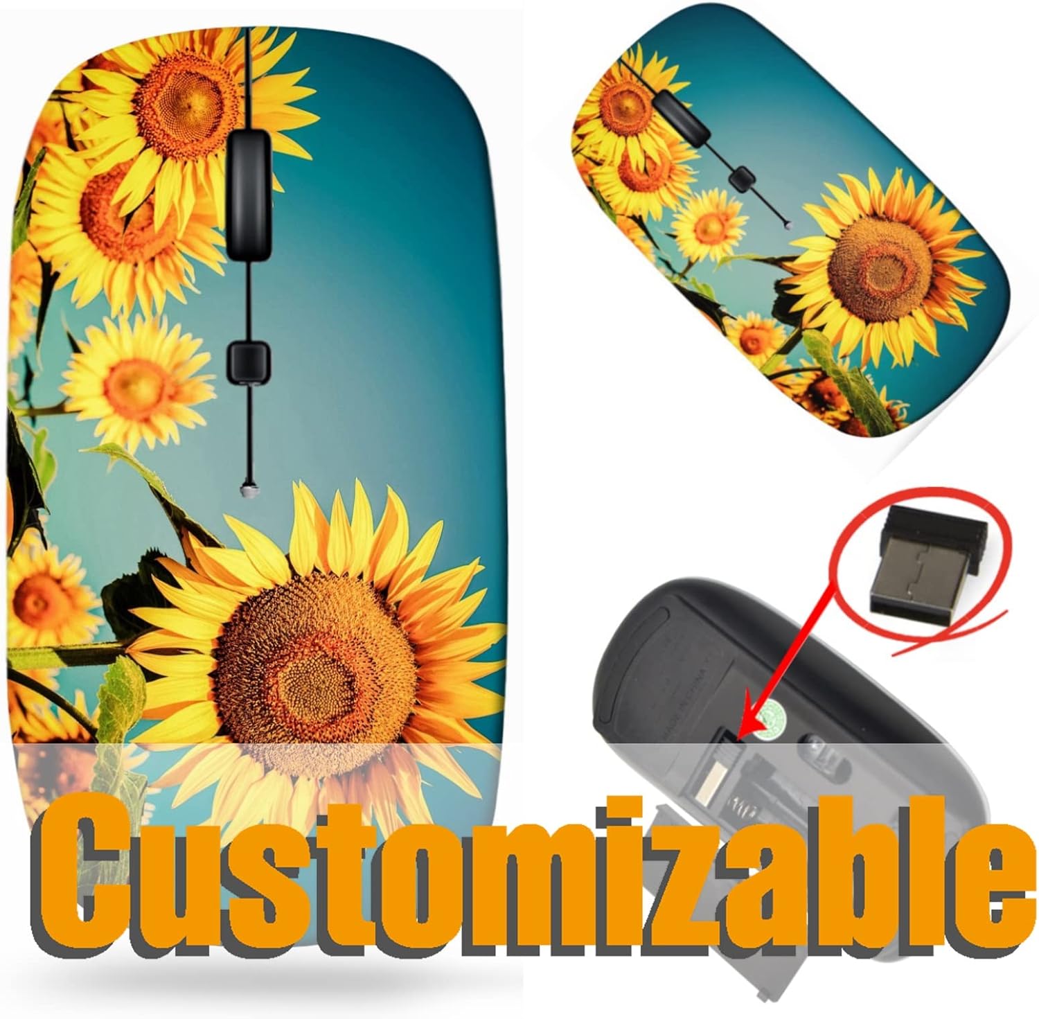 maizi Mouse Wireless for Mac Computer Personal Laptop, Mice Wireless 30002157 Sunflower Field Under 2.4G Lightweight with USB Receiver Printed in USA