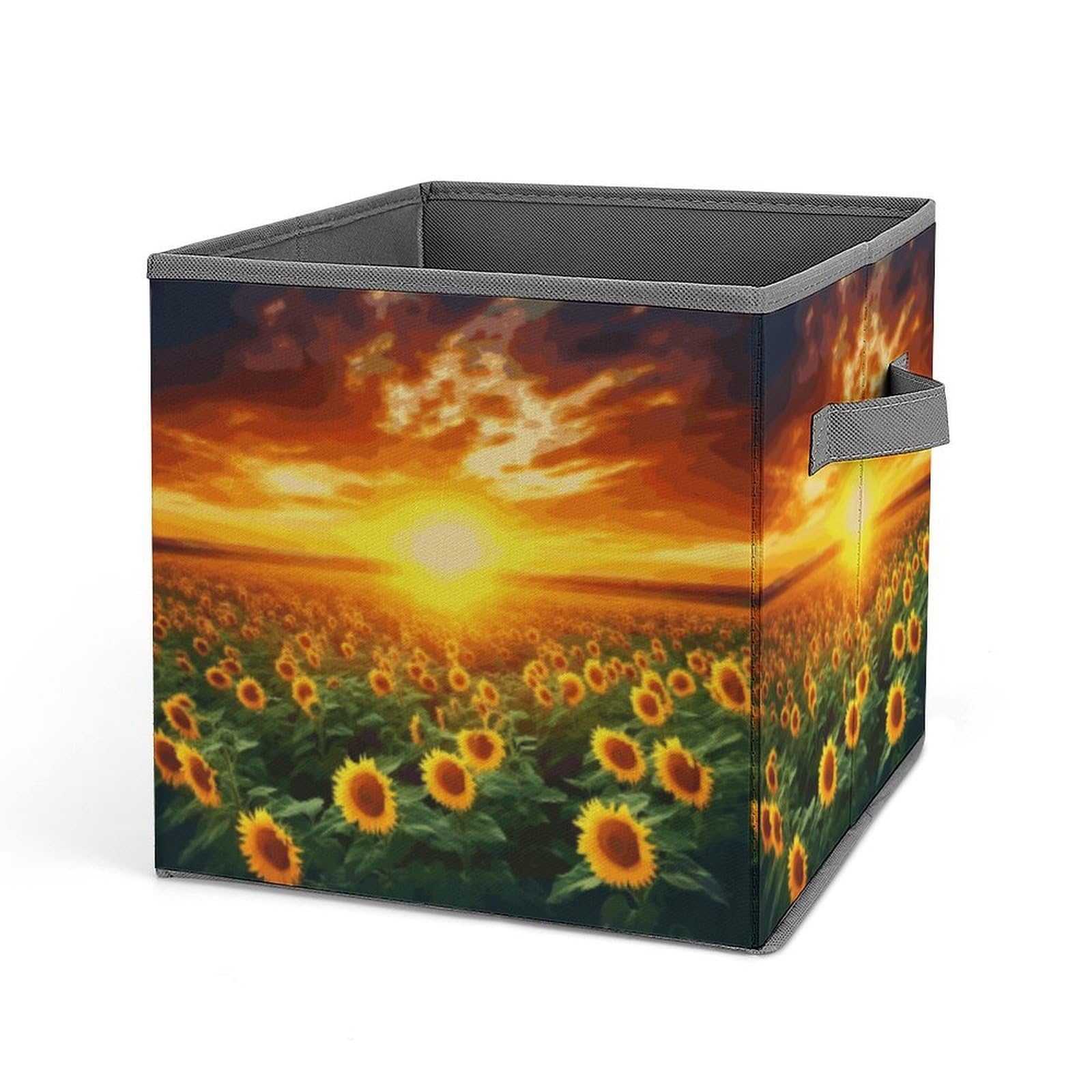 JTREHY Dreamlike Sunset Of A Sunflower Field Storage Bins Sturdy Large Capacity Folding Sorting Boxes Convenient Stable Storage Box Collapsible Fabric Storages Cubes Organizer with Handles