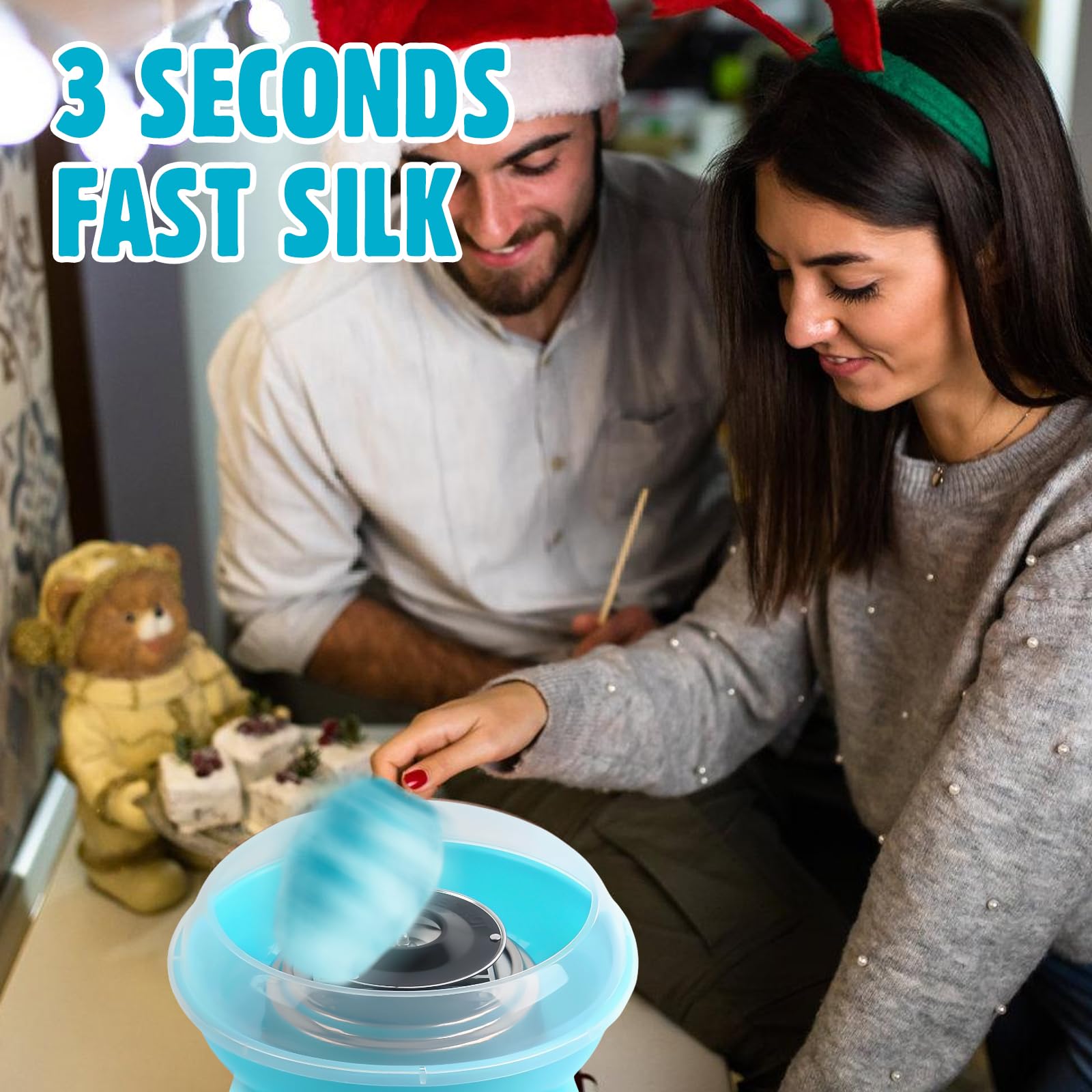 Zuckerwattemaschine Retro Cotton Candy Machine: Zuckerwatte Maschine mit Stäbchen und Messlöffel, Zuckerwatte Zucker Set Höhe 27 cm für Zuhause Kindergeburtstag Party Blau