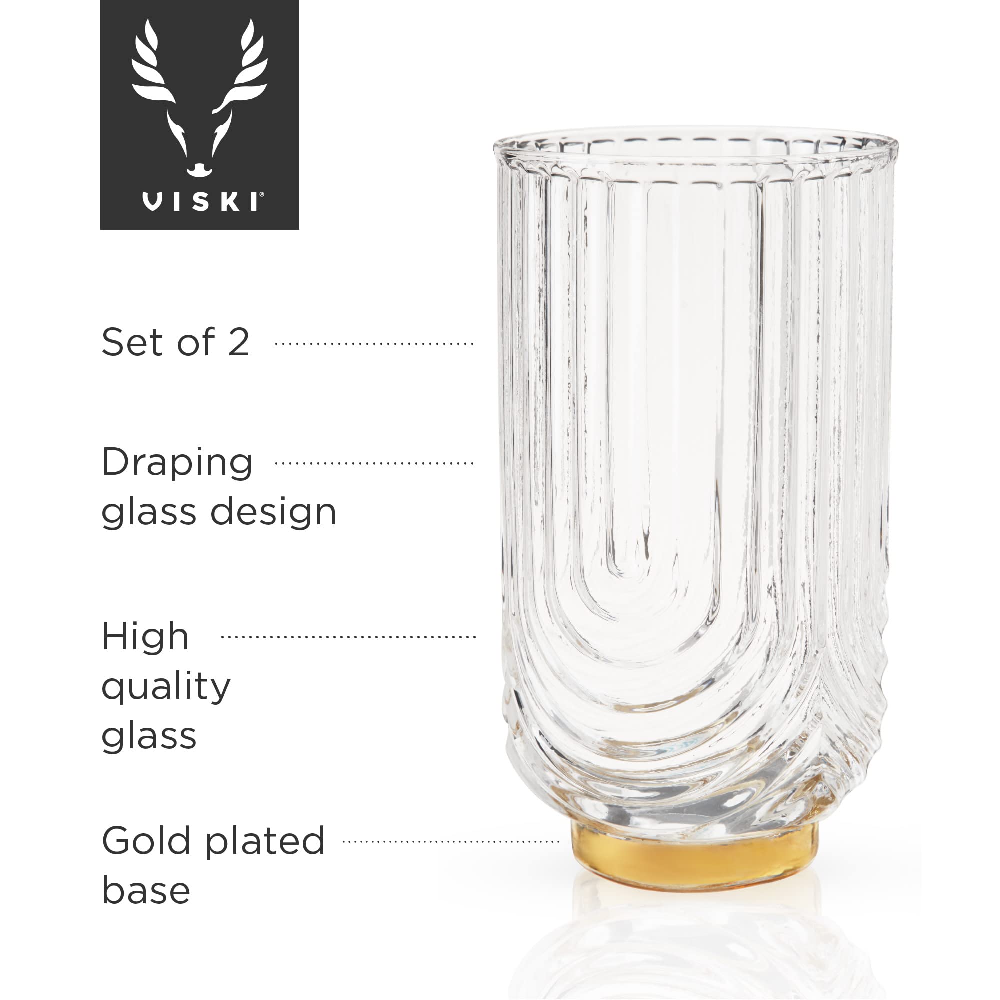 Viski Gatsby Highball Glass, Vintage Cocktail Glasses, Art Deco Drink Tumbler, Glassware Gift Set, Set of 2, 15oz