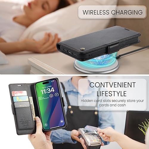 Miniatura 5 de Taneny Funda para iPhone 15, bloqueo RFID Funda de piel sintética con tarjetero y soporte para tarjetas, funda a prueba de golpes para iPhone 15