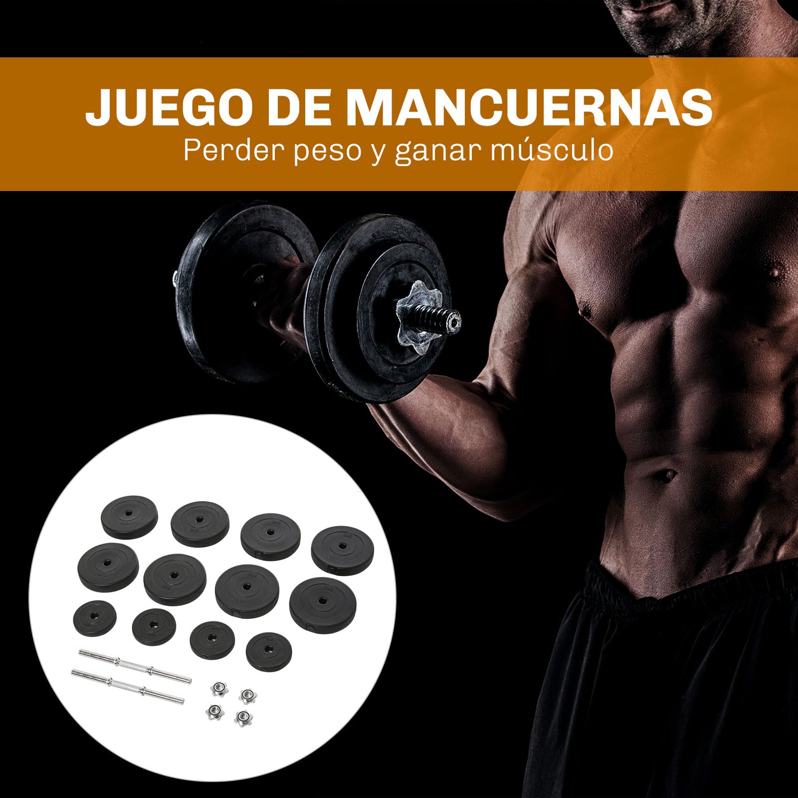 HOMCOM Juego de Mancuernas Ajustables Pesas y Mancuernas 50 kg Negro | 8x5 kg, 4x1,5 kg, 2 Barras para Ejercicio, Entrenamiento en Casa, Gimnasio, Oficina