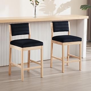 chairus Juego de 2 Taburetes de Bar Terciopelo con Respaldo Sillas Altas de Madera Maciza, Taburetes de Cocina Modernos para Restaurante/Cafetería, Negro