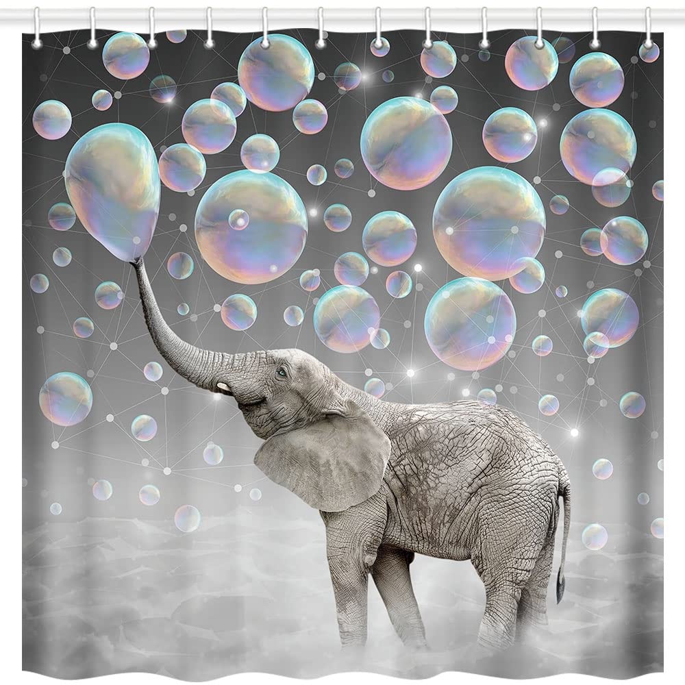 DYNH Elephant Shower Curtain, Funny Blowing Bubbles Elephant Funny Cute Elephant Fabric Shower Curtain, Bathroom Accessory Sets, Hooks Included, 70 in