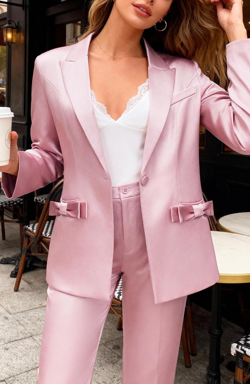Women's 2 Piece Satin Suit Double Side Bows One Button Peaked Lapel Outfits Party Wedding Blazer Jackets and Pants Set - Image 6