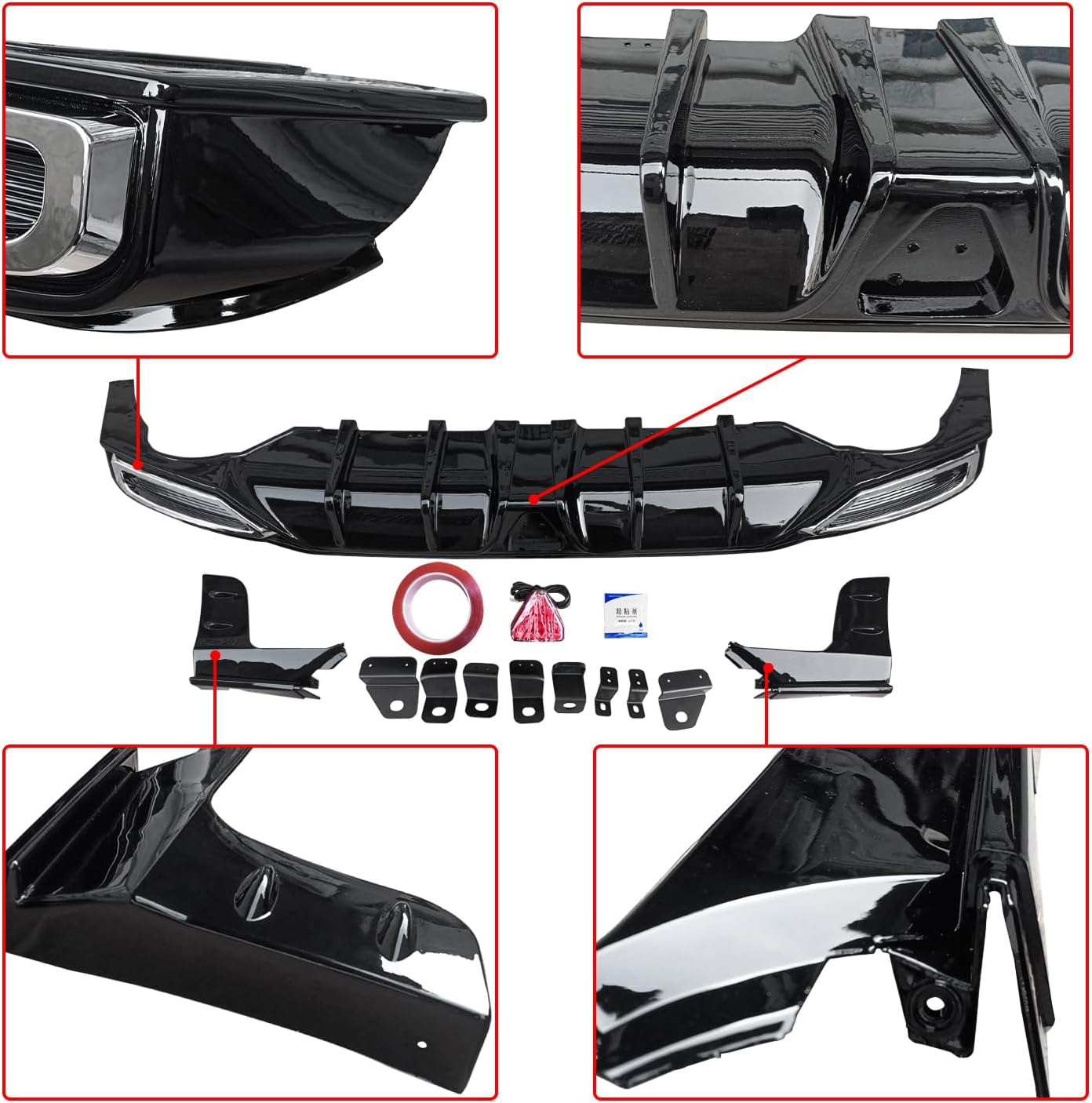 NINTE Rear Diffuser with Corner Spats for 2022-2024 2025 11th Honda Civic Hybrid Hatchback ABS Gloss Black Painted Bumper Diffuser Lip Body Kits W/Led Brake Light