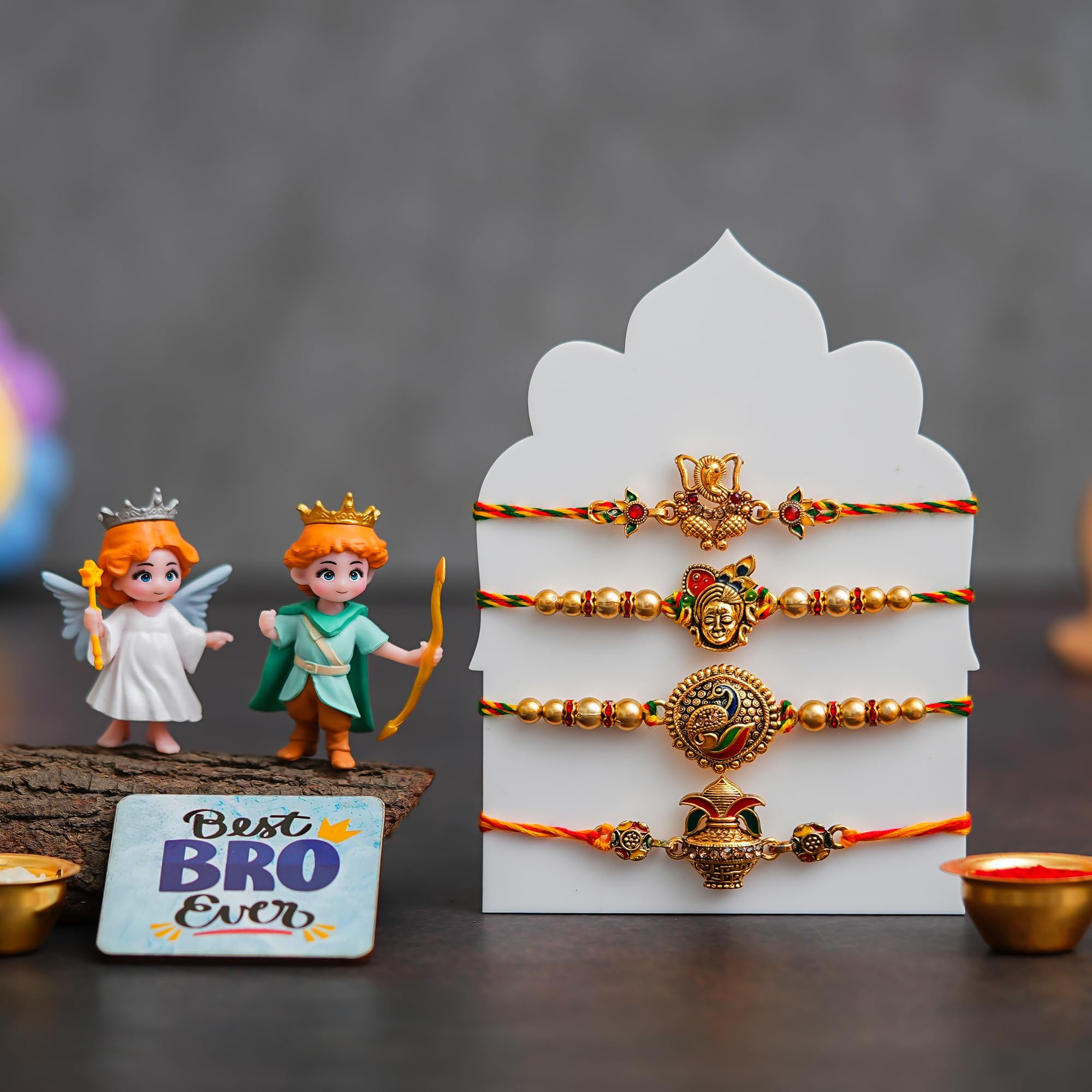 eCraftIndia Set of 4 Designer Rakhi with Cute Angel & Prince Showpiece & Best Bro Ever Fridge Magnet | Premium Raksha Bandhan Gift Set for Brother | Roli Chawal Included