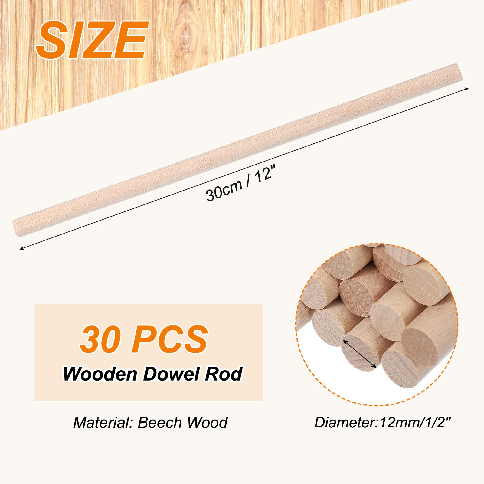 PATIKIL 1/2 x 12 Inch Wooden Dowel Rod - Image 2