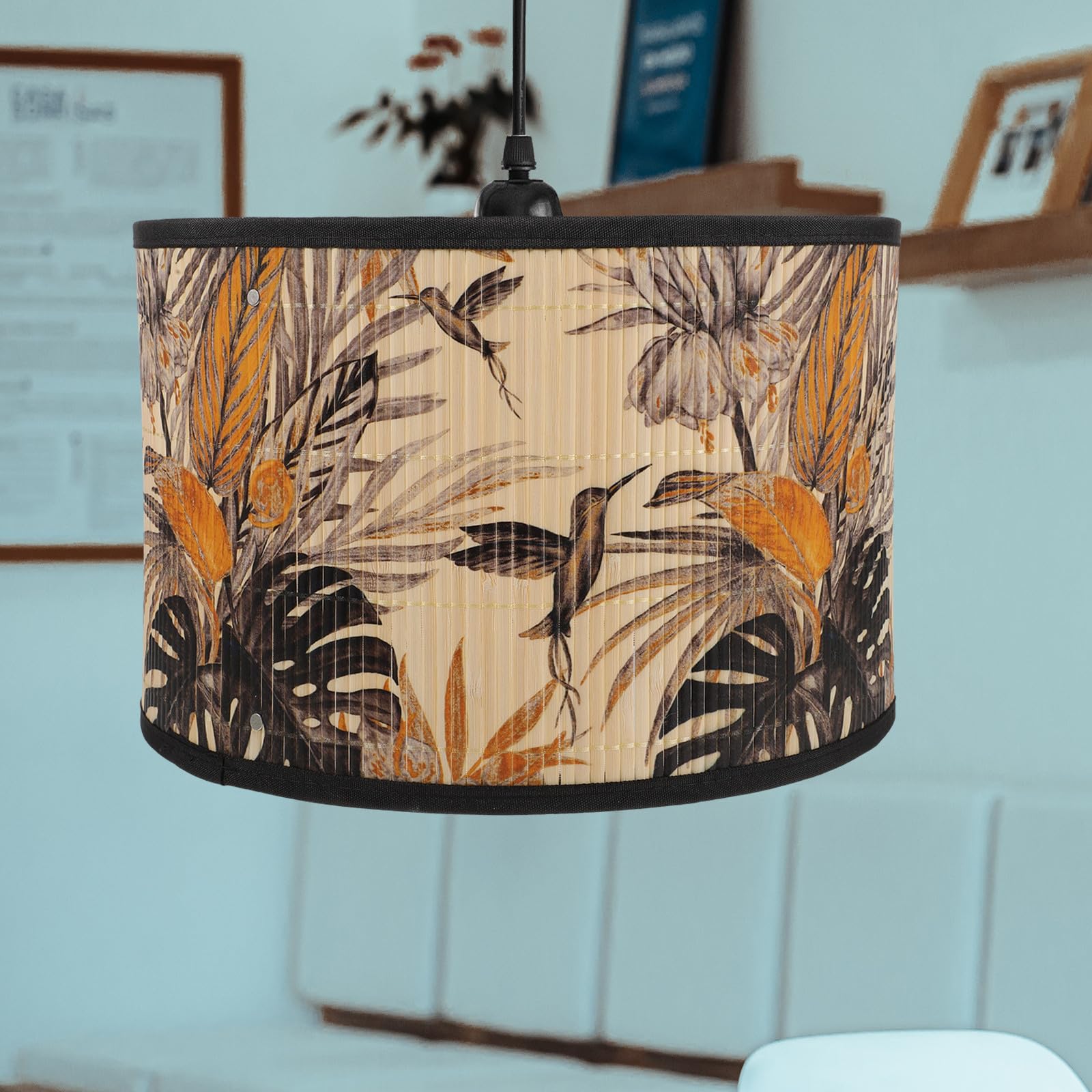 Paralume in Bambù Intrecciato per Lampada da Soffitto da 30 CM, Struttura a Ragno Clip su Tamburo, Stile Vintage, Accessori per Lampada Sospesa in Soggiorno