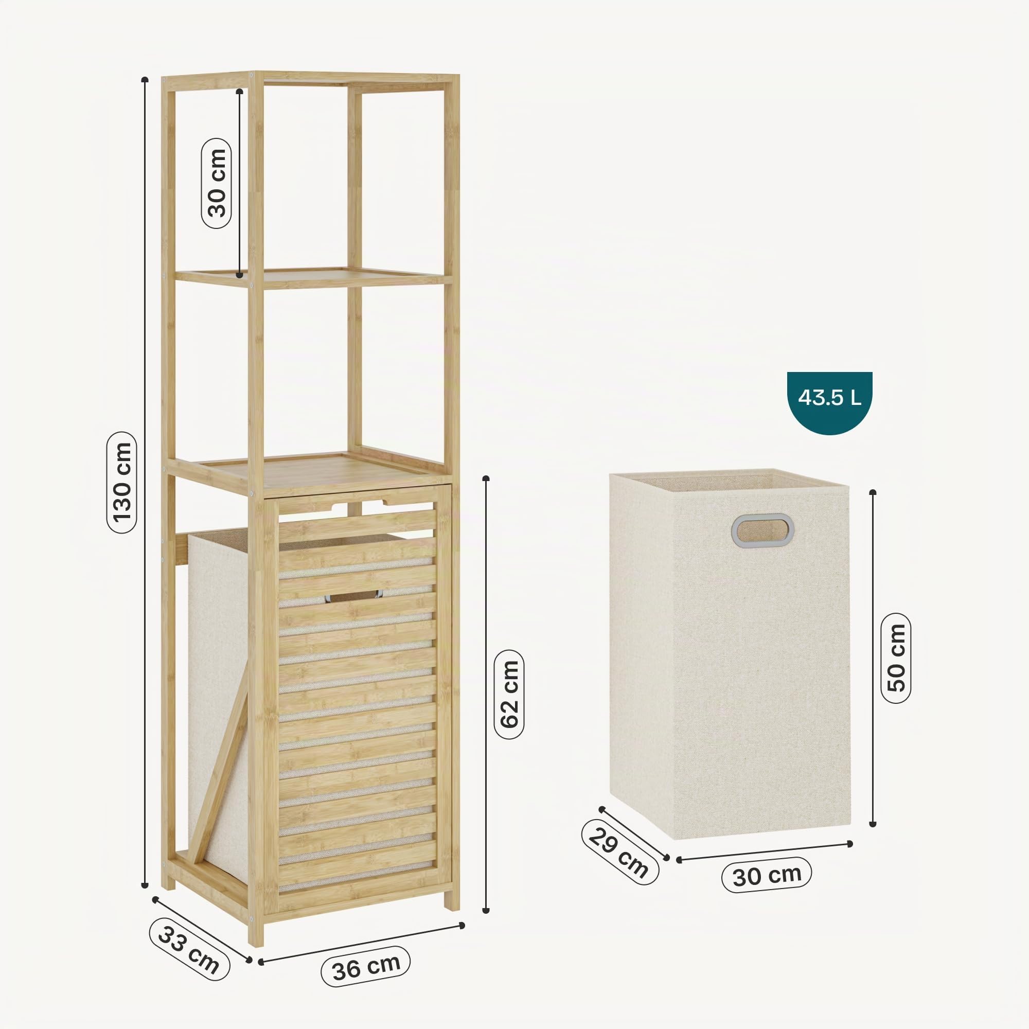 [en.casa] Mueble de Baño Anun Estantería con Cesto para Ropa Sucio Mueble Auxiliar Armario Midi para Cuarto de Baño Dormitorio Bambú 130 x 36 x 33 cm - Natural/Beige
