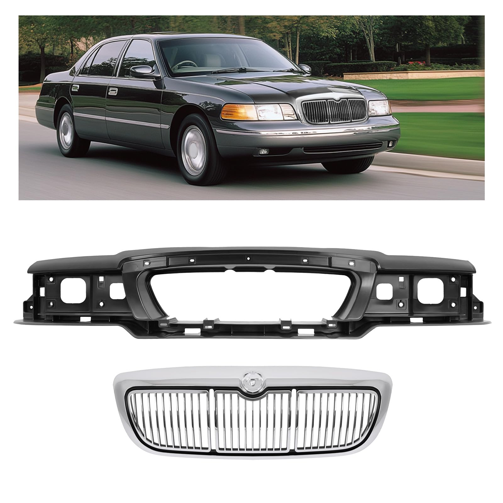 Header Panel & Grille Compatible with 1998-2002 Mercury Grand Marquis GS/LS FO1220214 FO1200353 Bumper Grill Headlight Headlamp Mounting Panel Nose 2Pcs