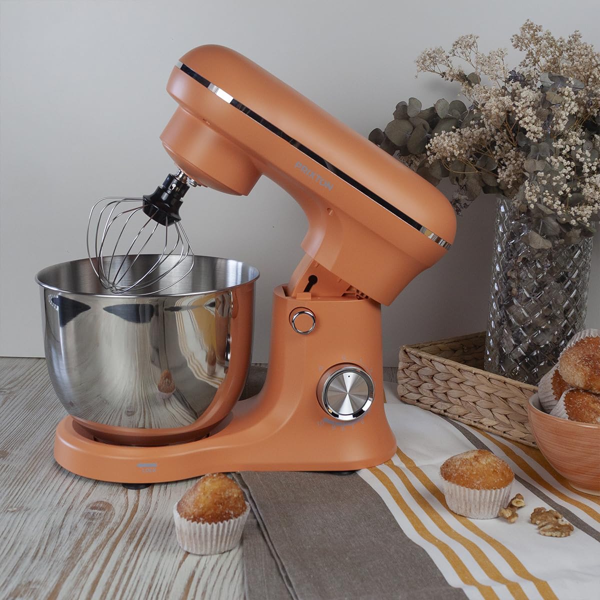 PRIXTON Batidora Amasadora KR250 para Repostería, Potencia 1500W, 10 Velocidades, Bol Acero Inoxidable de 5 litros, 3 accesorios, Tapa Transparente, Color Naranja Mate (Reacondicionado)