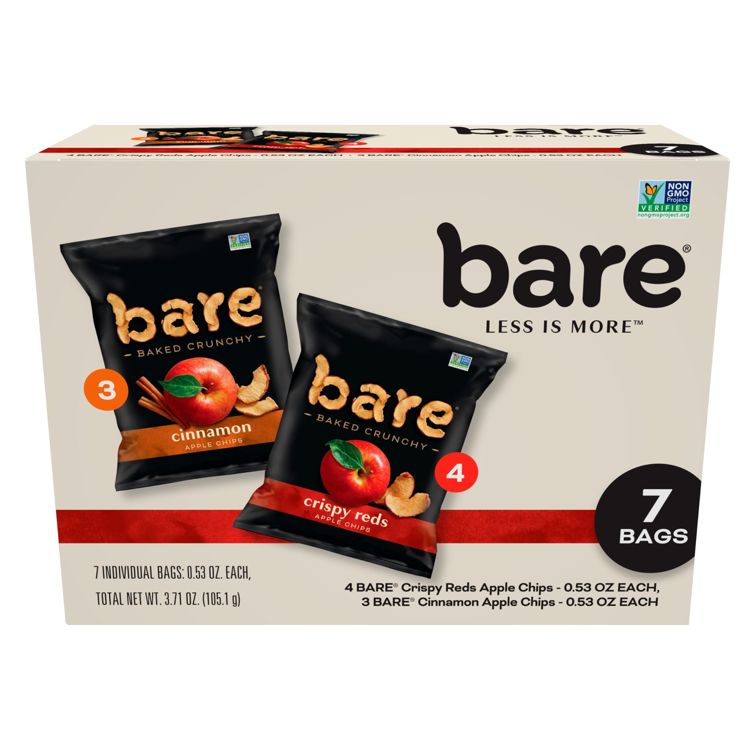 bare Baked Crunchy Apple Chips, 2 Flavor Variety, 0.53oz Snack Bags (7 Pack)