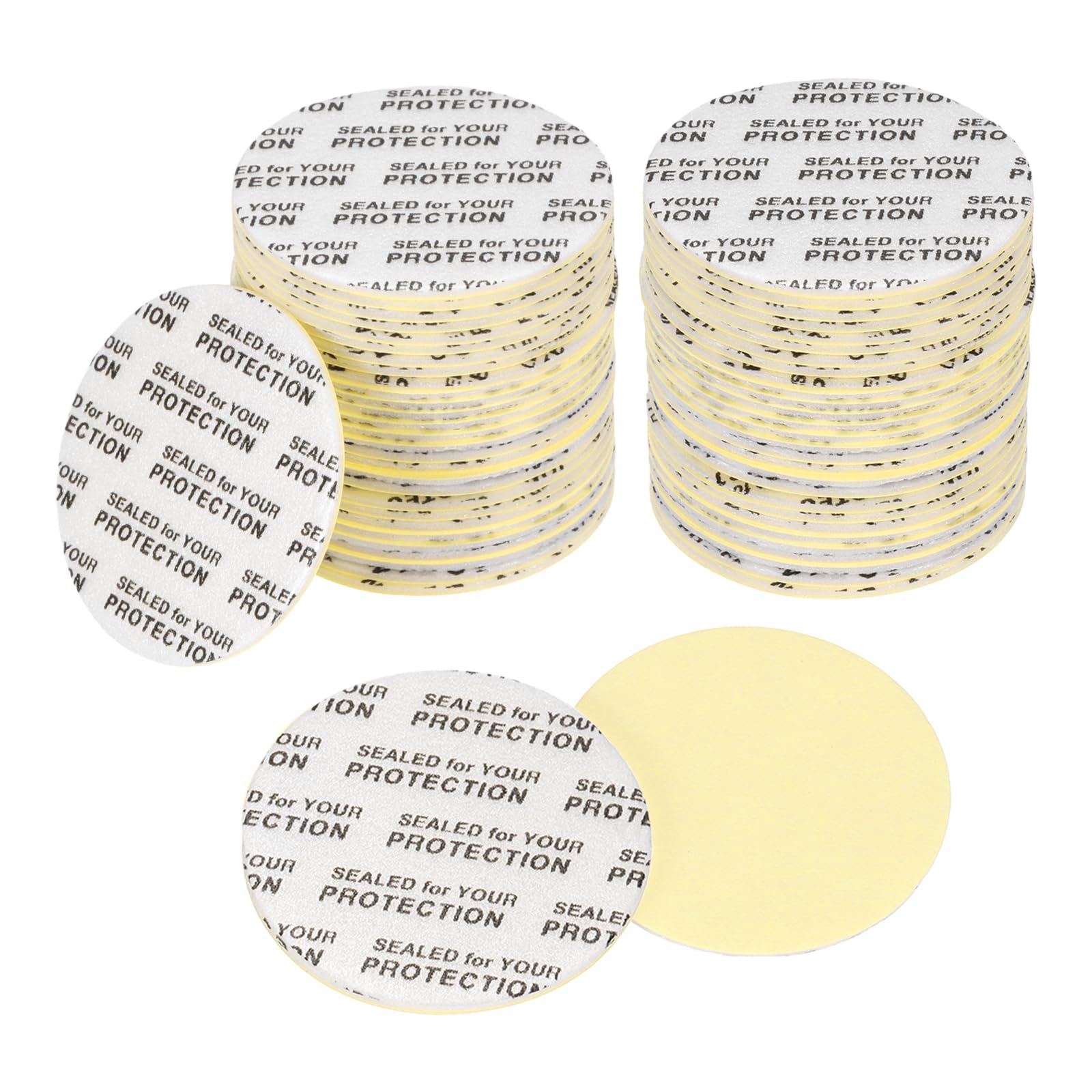PATIKIL 33mm/1.3" Foam Lid Liner 120pcs Adhesive Round PS Pressure Sensitive Seals, Cap Liners Resistant Tamper for Plastic Glass Jar Bottle Cap Canning Vials Seals Black Text, White