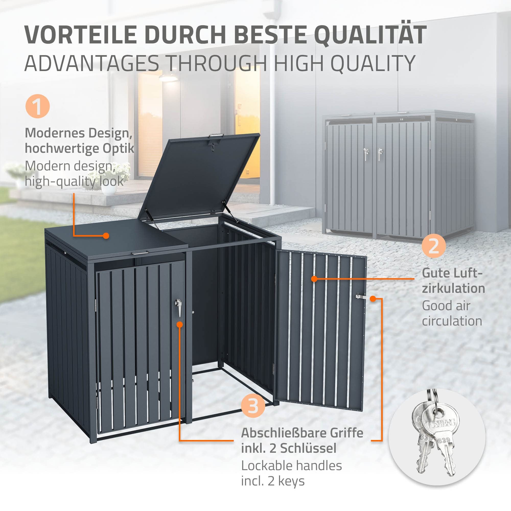 ML-Design Box pour 4 Poubelles, 240L, 264x80x116,3 cm, en Acier, Anthracite, Résistant aux Intempéries, Habillage de Poubelle avec Couvercle Rabattable/4 Portes, Conteneur Abri Hangar Cache-Poubelle