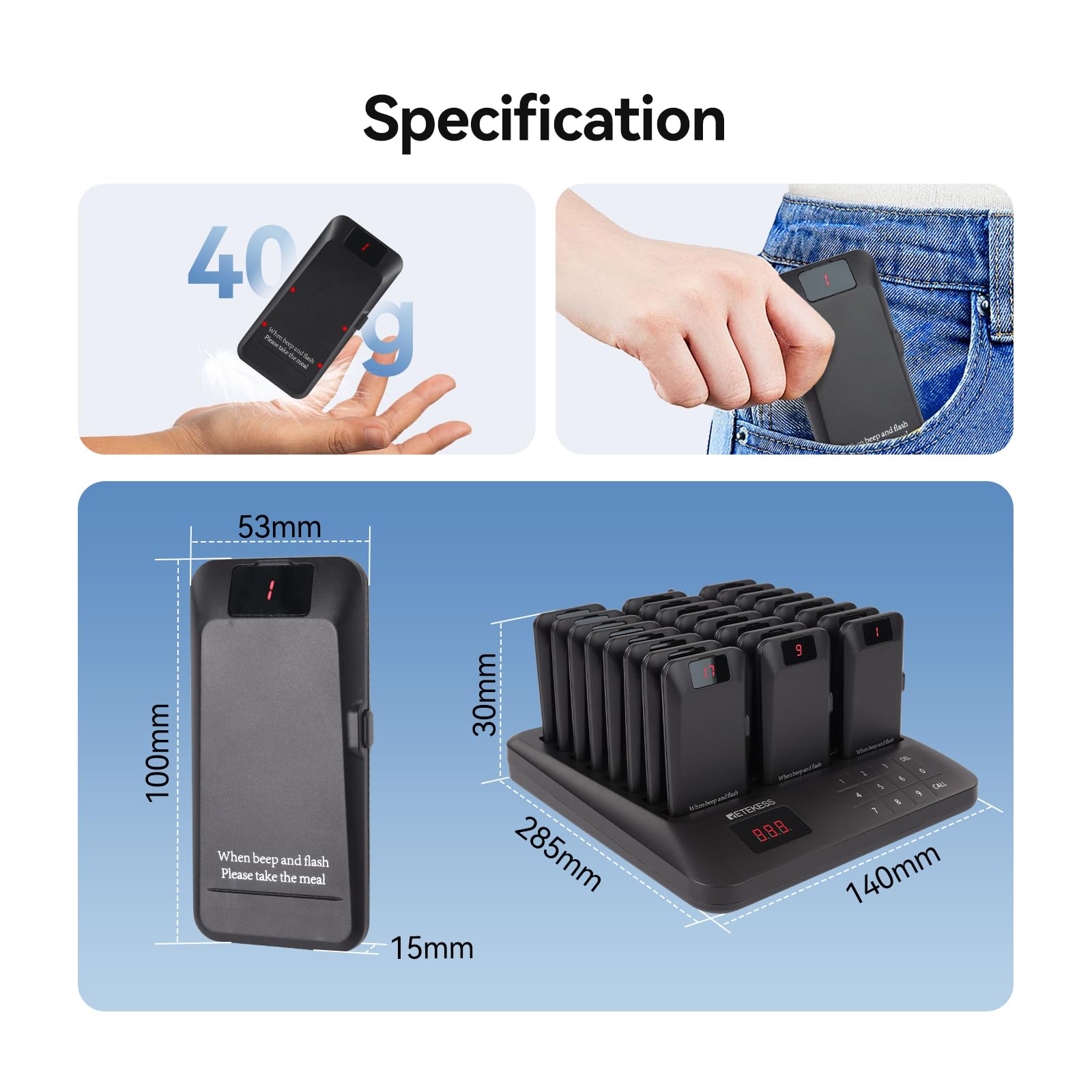 Retekess TD157P Cercapersone Ristorante, 800M Pager Ristorante, 24 Cercapersone, Con Tasto Mute, 39 Modalità di Chiamata, 300 mAh 24H, Cercapersone Wireless per Area Ristoro, Supermercati, Hotel