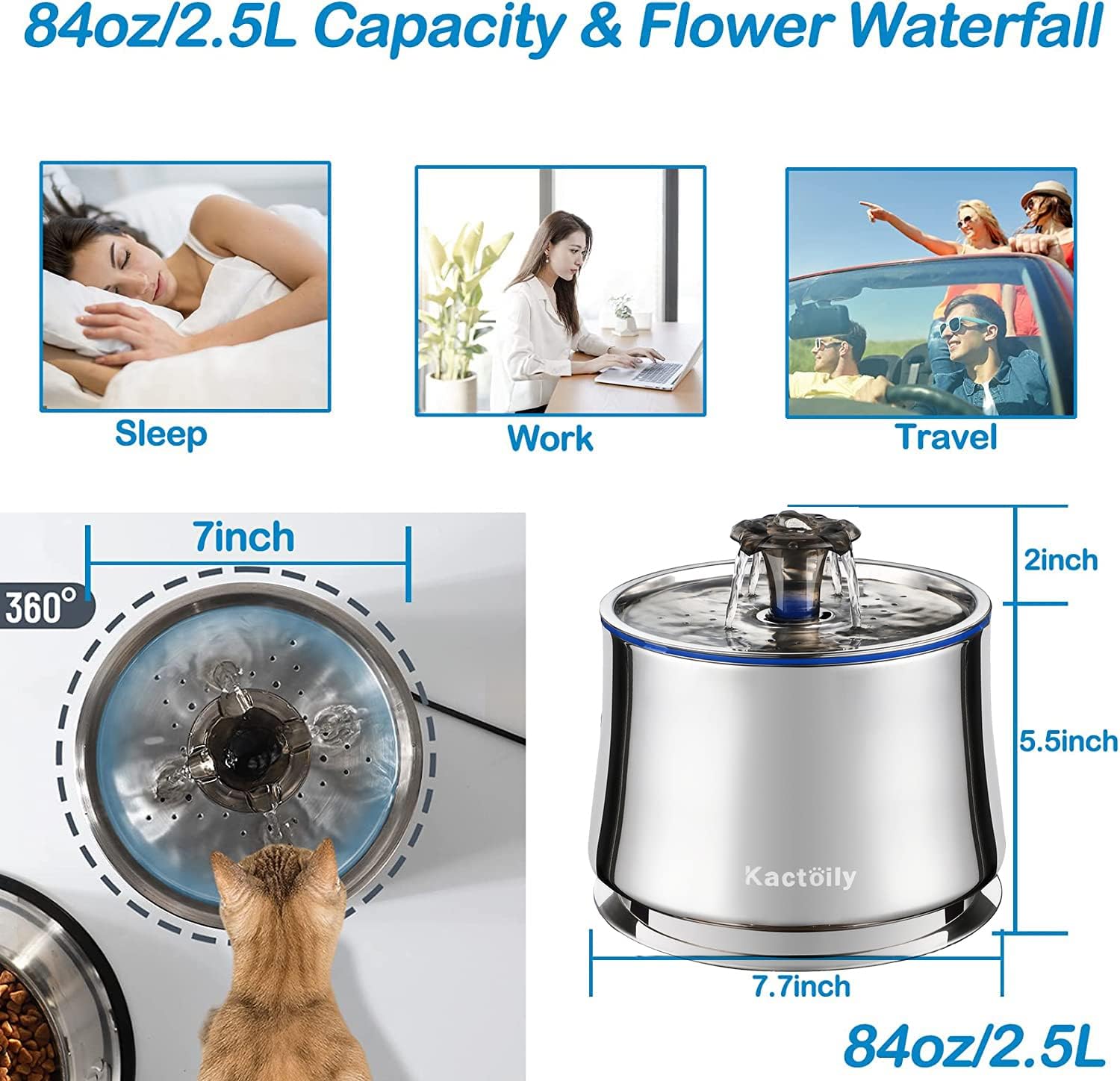 Buy Cat Water Fountain Stainless Steel Water Fountain for Cats Inside, 84oz/2.5L UltraQuiet Dog